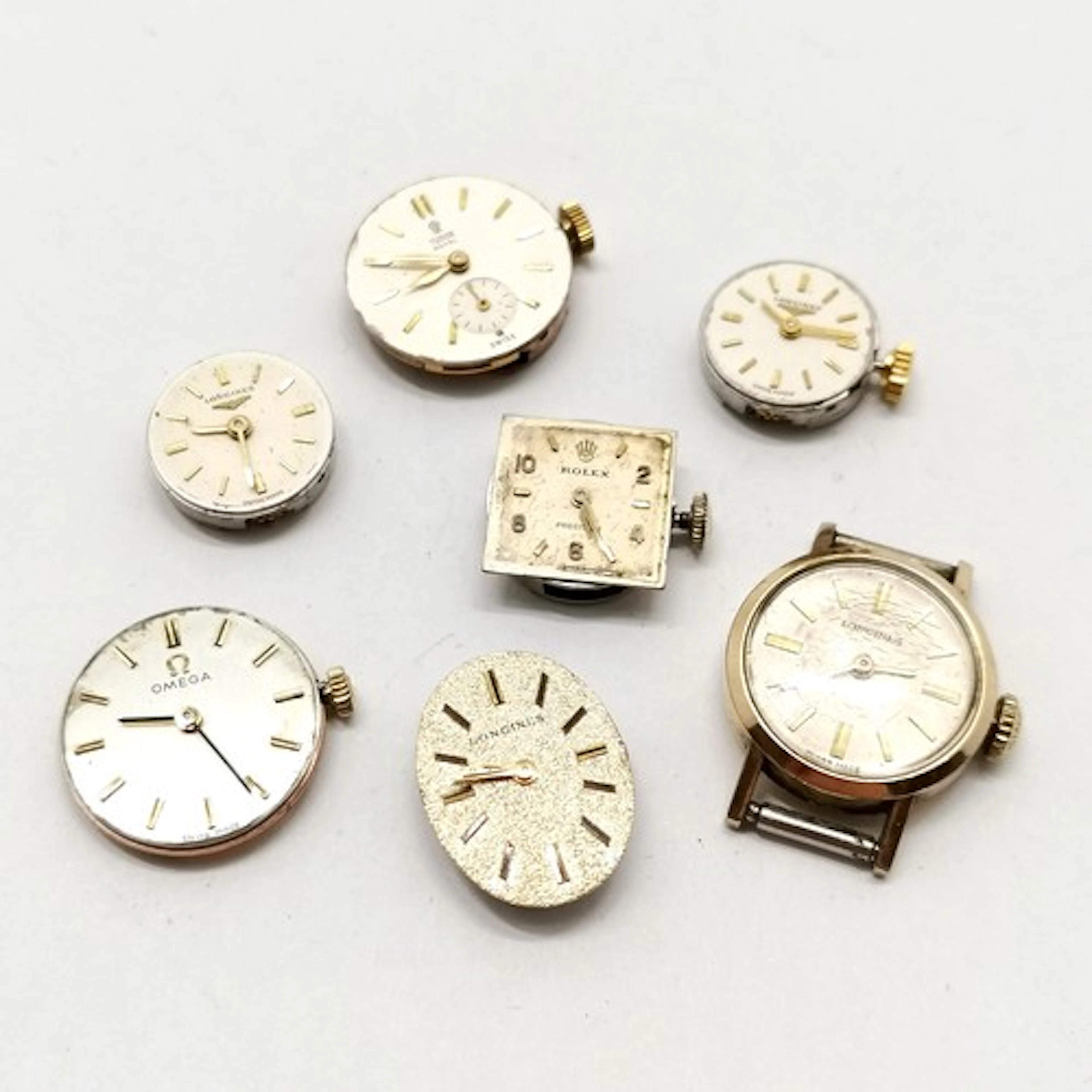 7 x mechanical watch movements inc Rolex #1401, Longines #41...