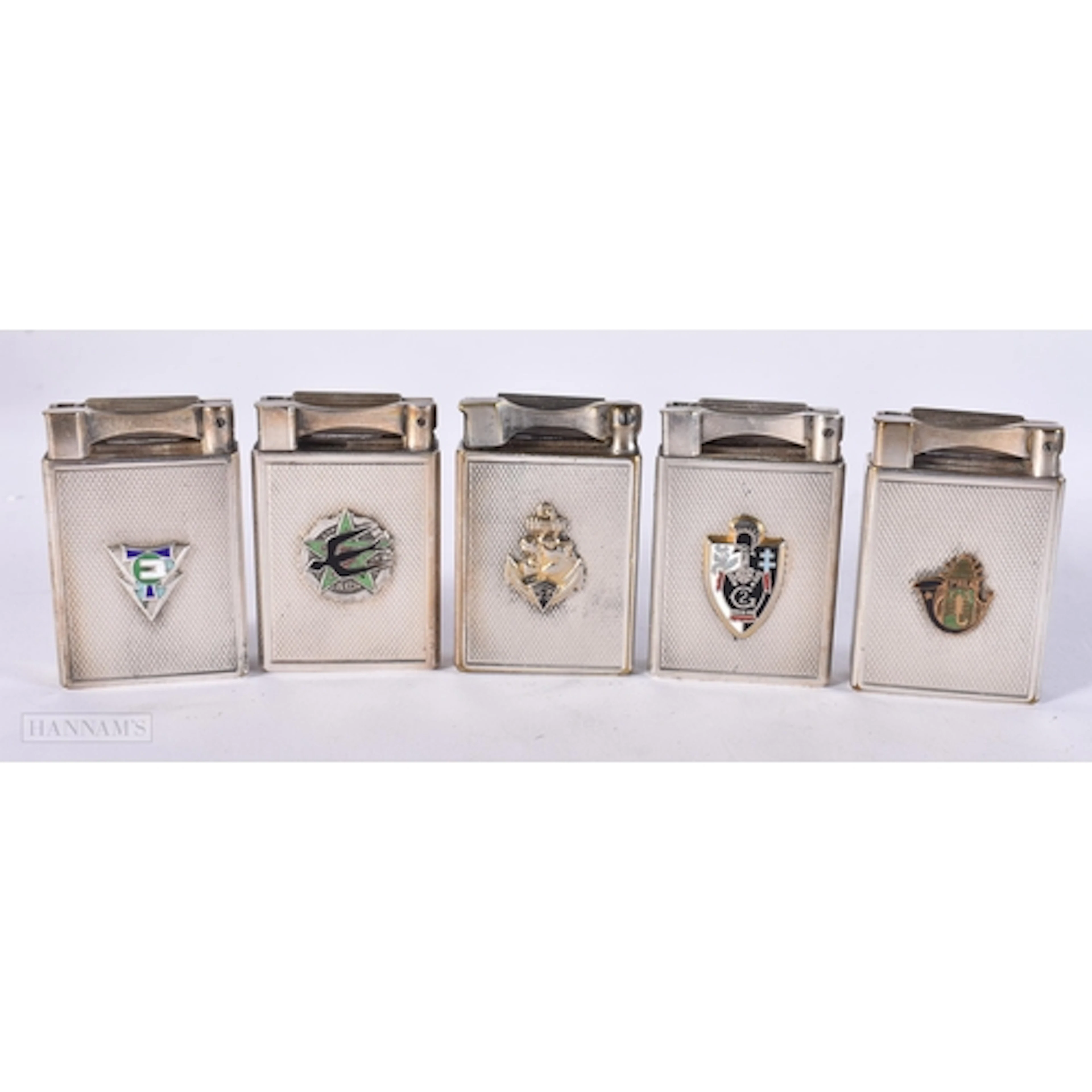 FIVE FRENCH DUPONT ENAMELLED DRAGO LIGHTERS. (5)