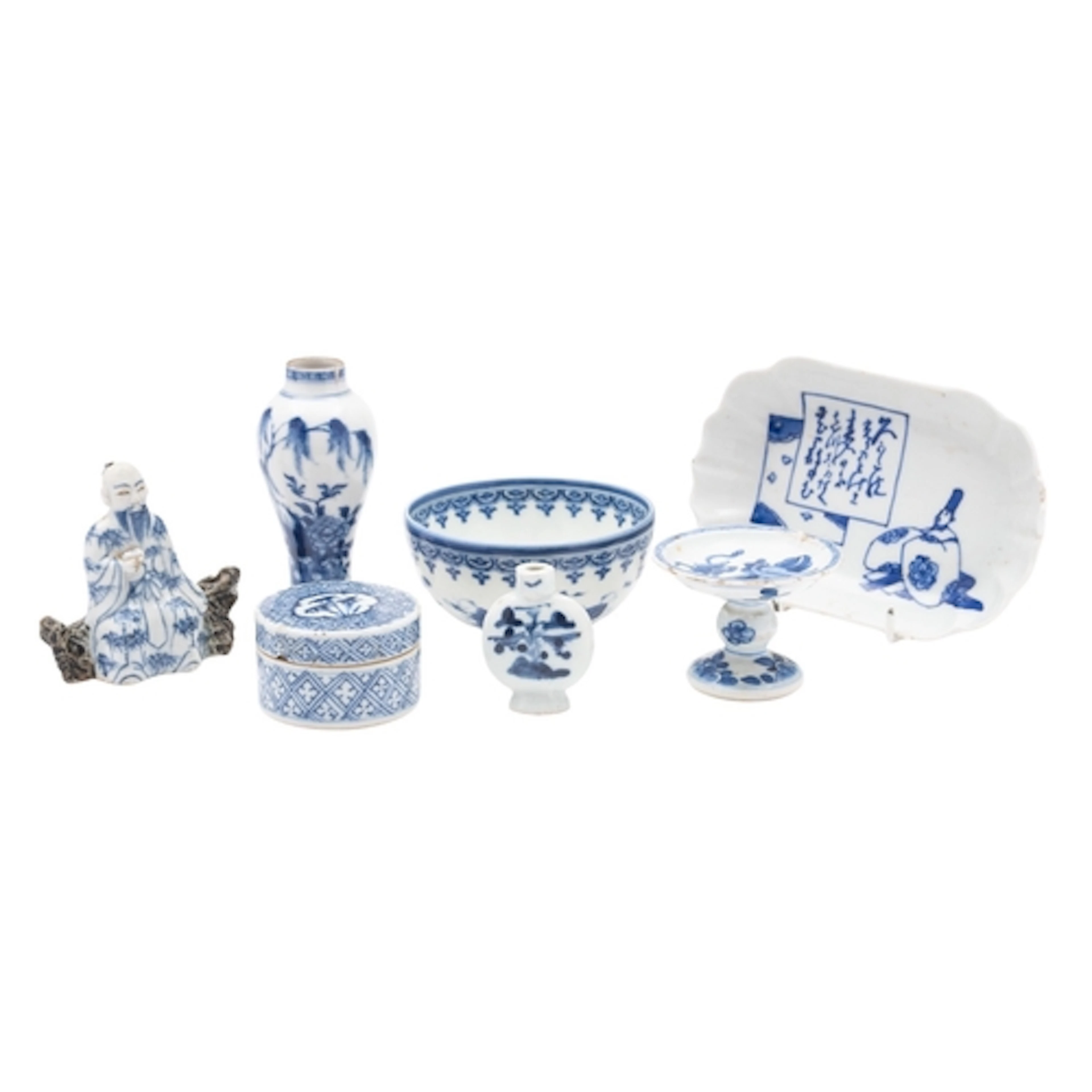 Seven pieces of Chinese porcelain each painted in blue compr...