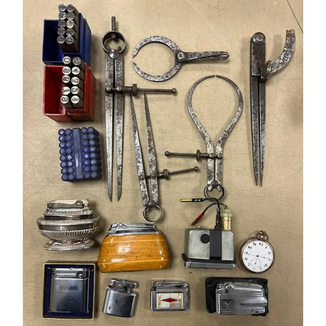 Two Ronson lighters, a pocket watch, set of calipers etc.