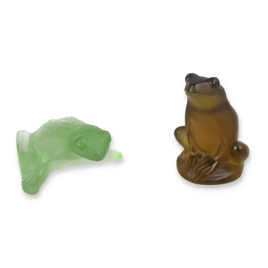 LALIQUE: TWO GLASS MODELS OF FROGS, MODERN, ONE GREEN, ONE B...