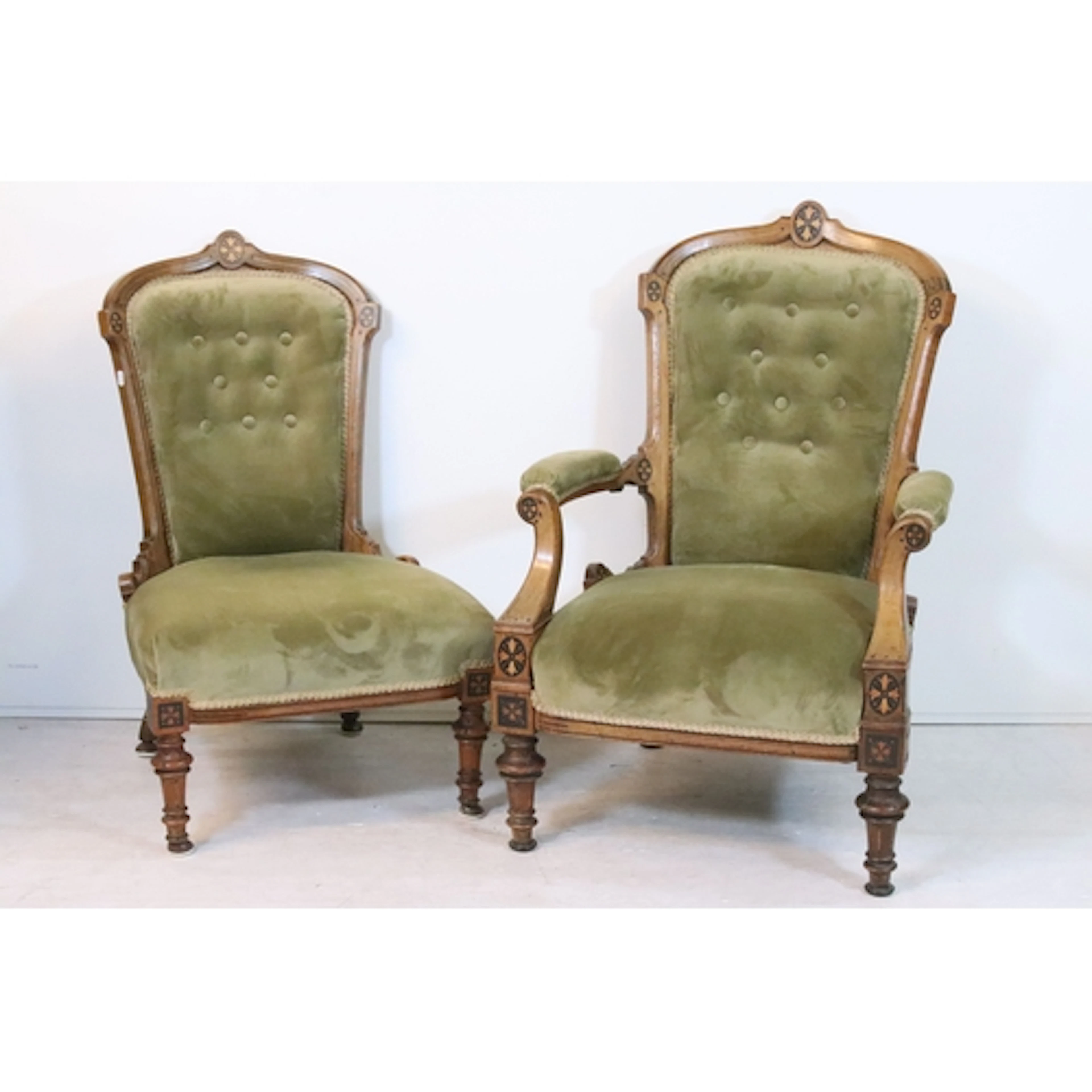 Two Edwardian walnut framed parlour chairs, having ebonised ...