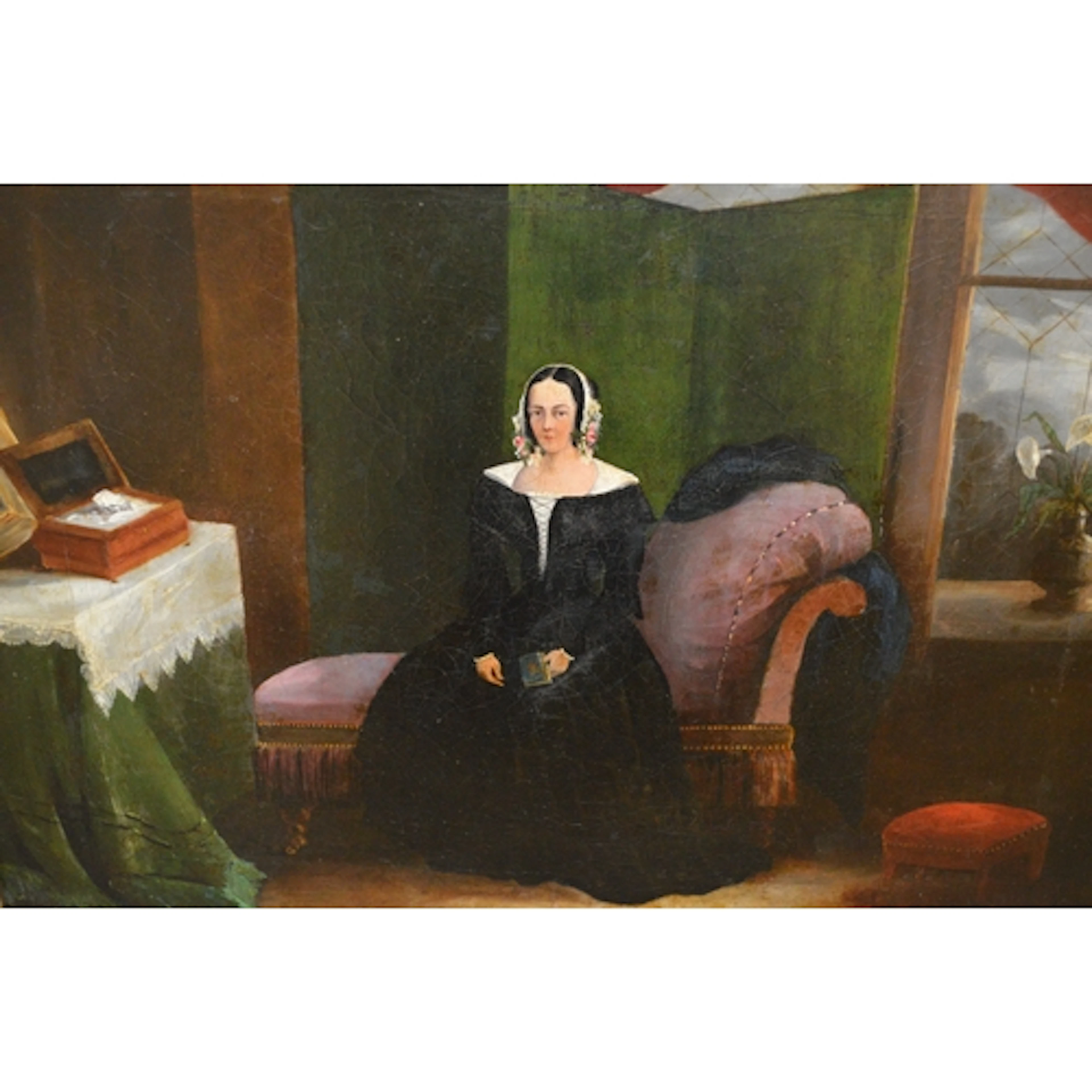 19th Century oil on canvas, naive study, interior scene with...