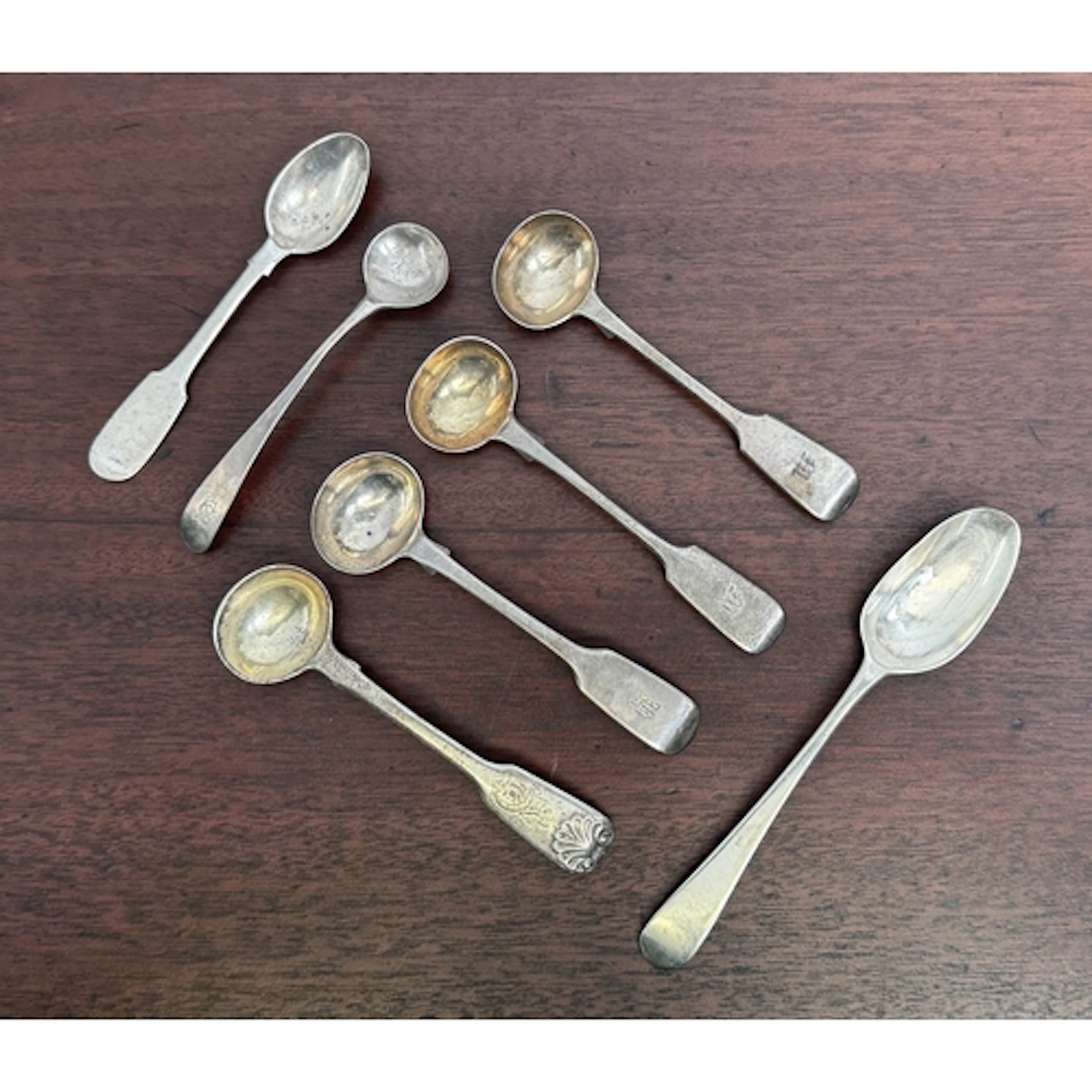 Seven 19th century silver mustard ladles and small spoons - ...
