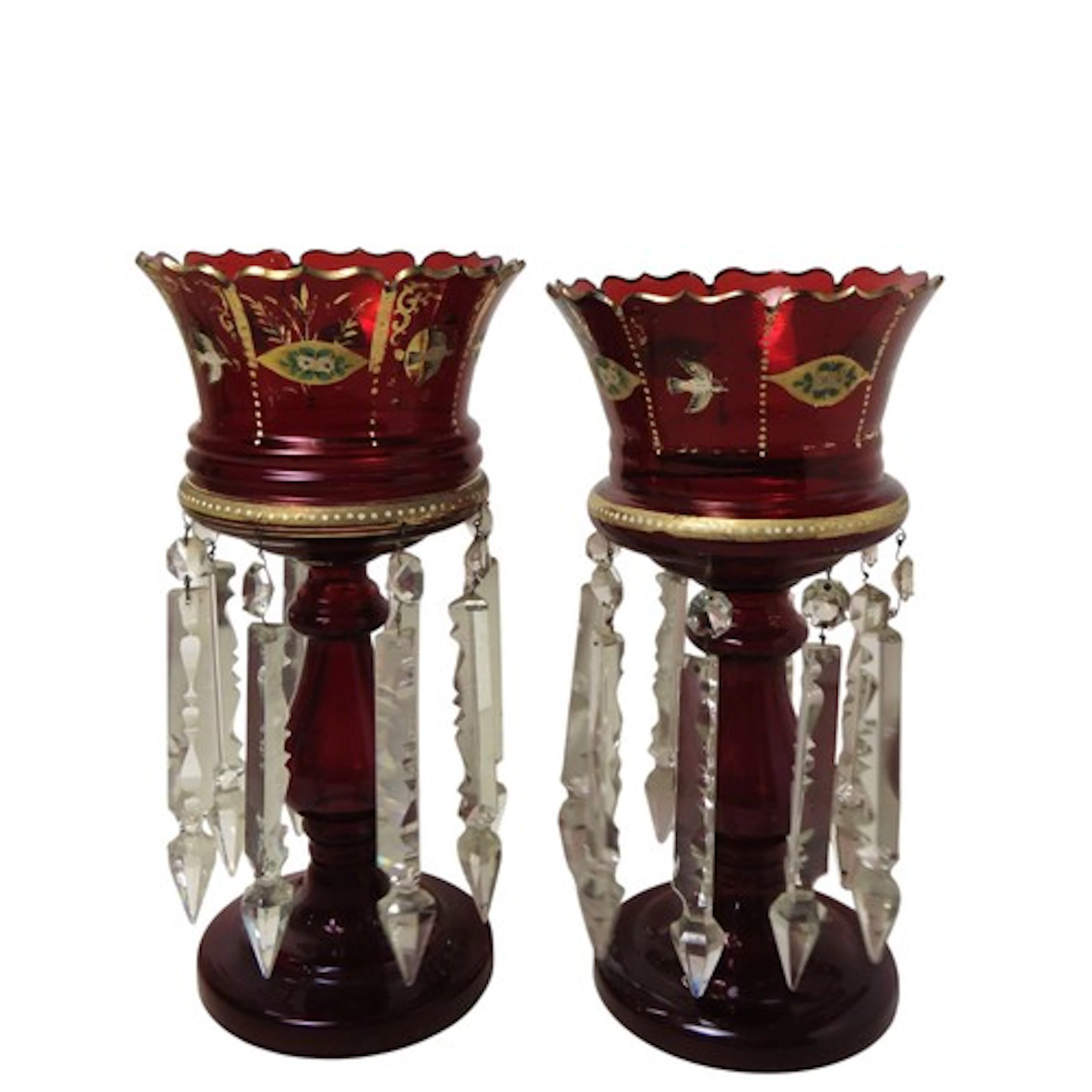 TWO VICTORIAN RUBY GLASS LUSTRES painted with floral and bi...