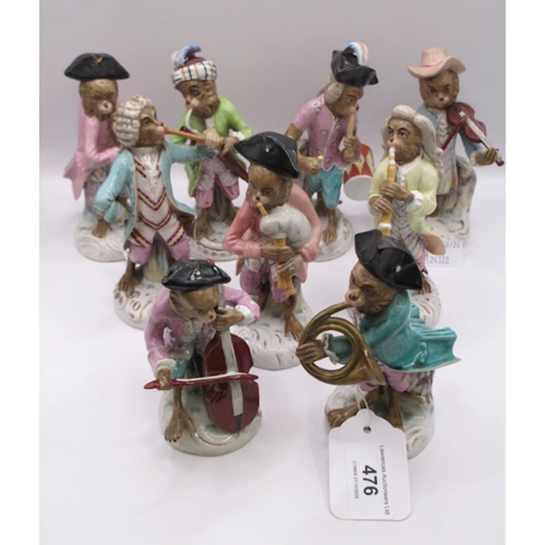 German porcelain, nine piece monkey band, the largest 13cm h...