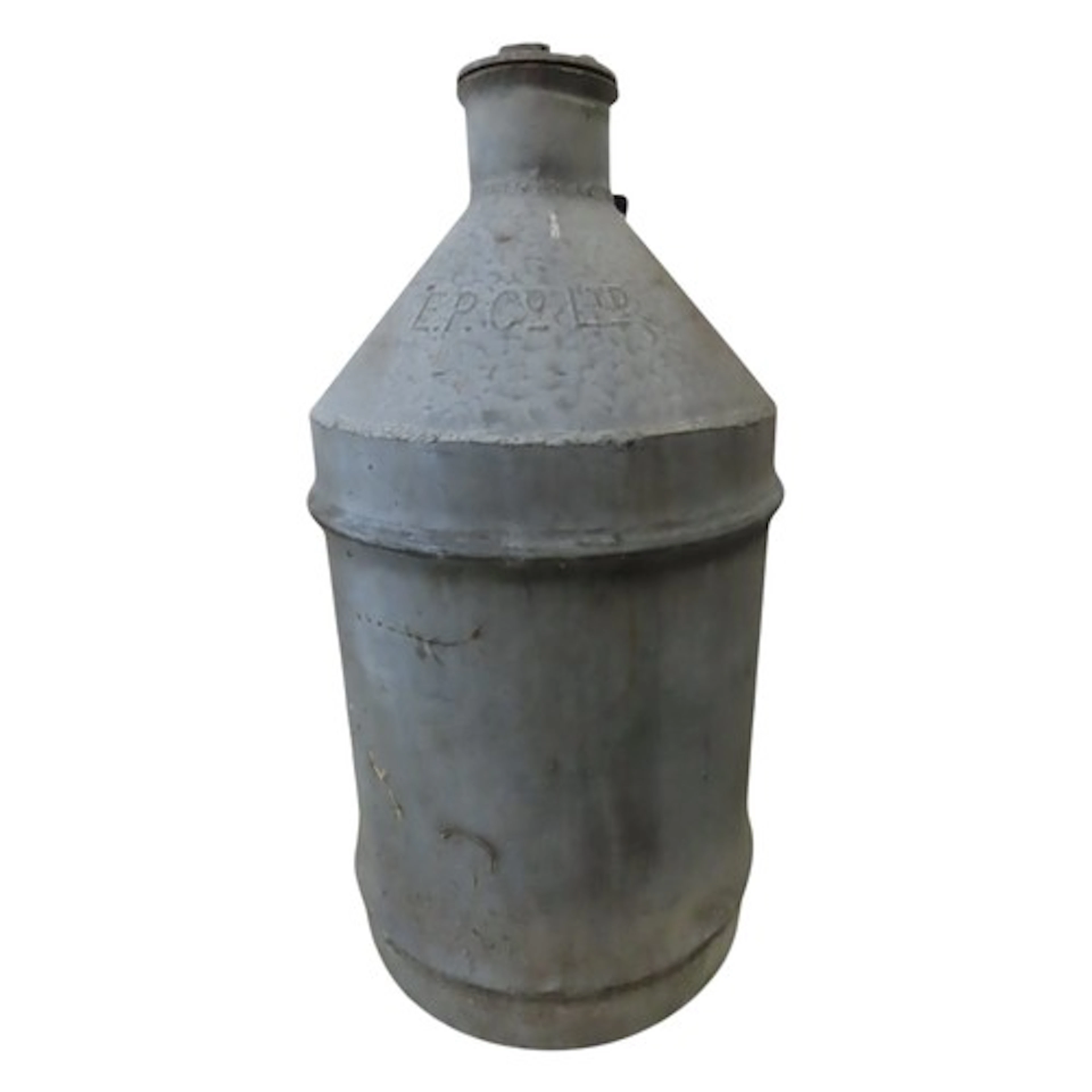 A vintage heavy gauge galvanised steel cylindrical oil/petro...