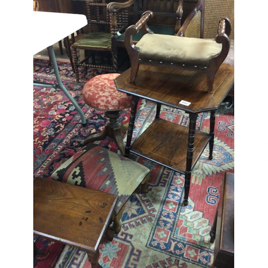 A Victorian rosewood occasional table a music stool with rev...