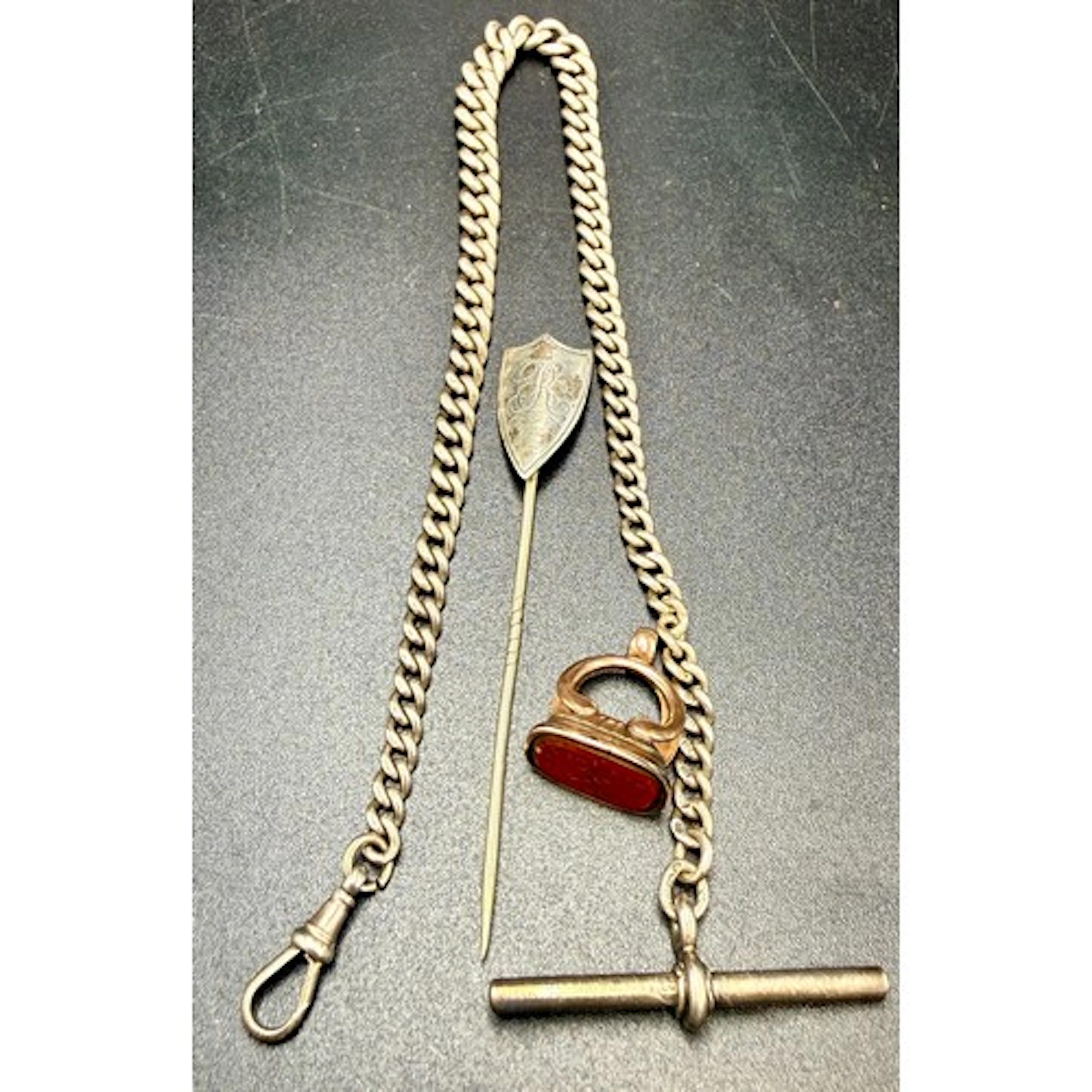 Hallmarked silver watch chain with T bar and clip, 29cm l, w...
