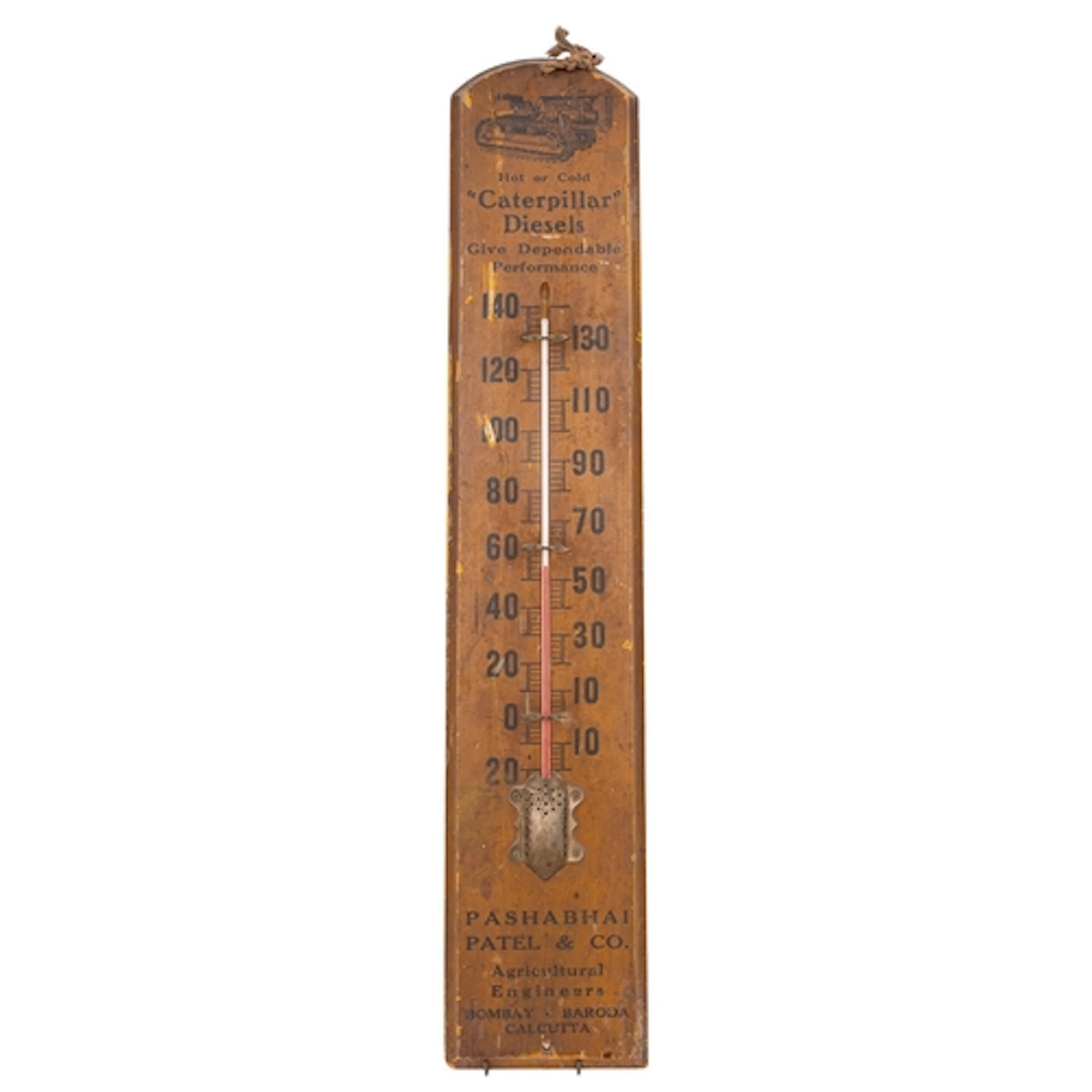 A Caterpillar Diesels' wooden advertising thermometer, tran...