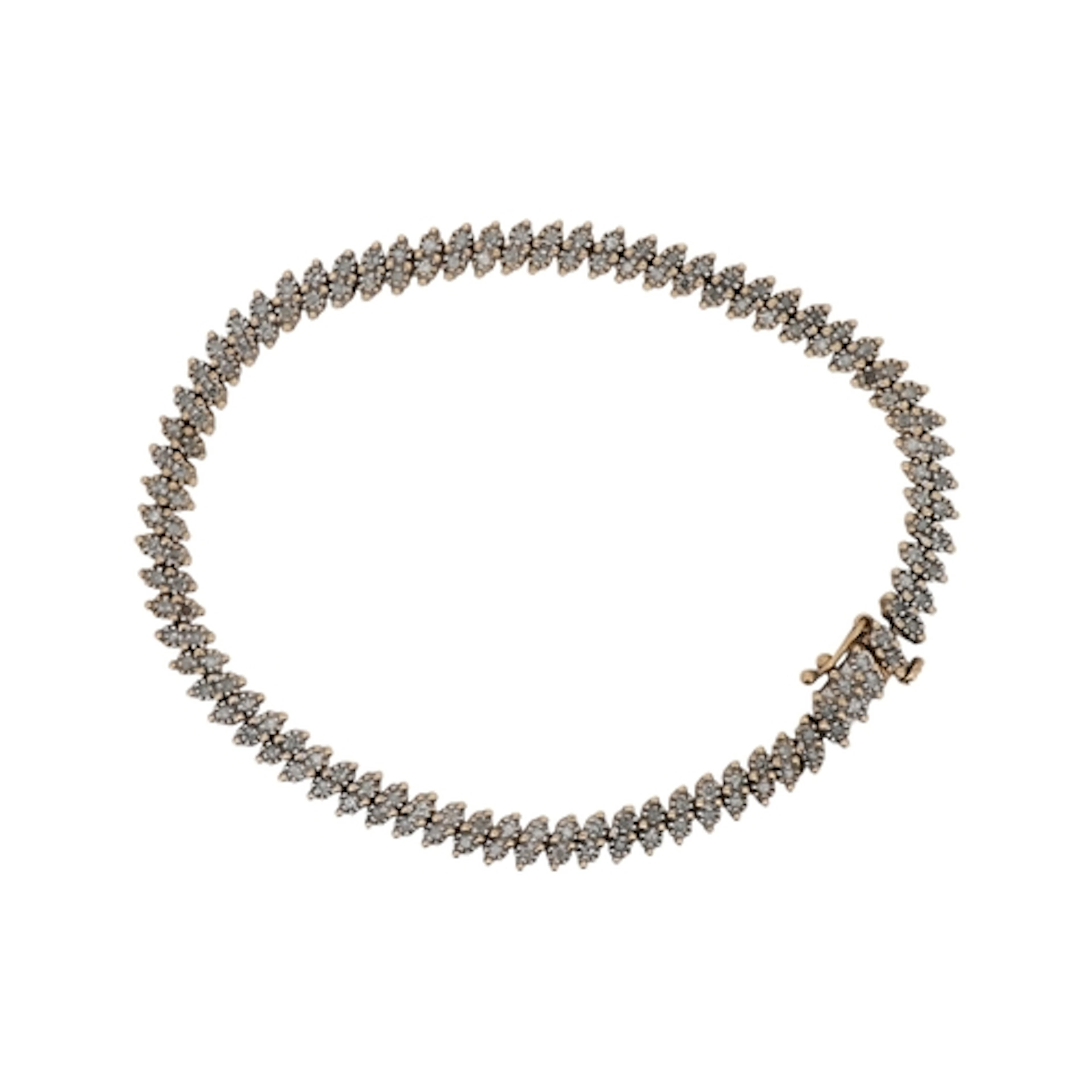 A recent yellow metal and diamond cluster set line bracelet,...