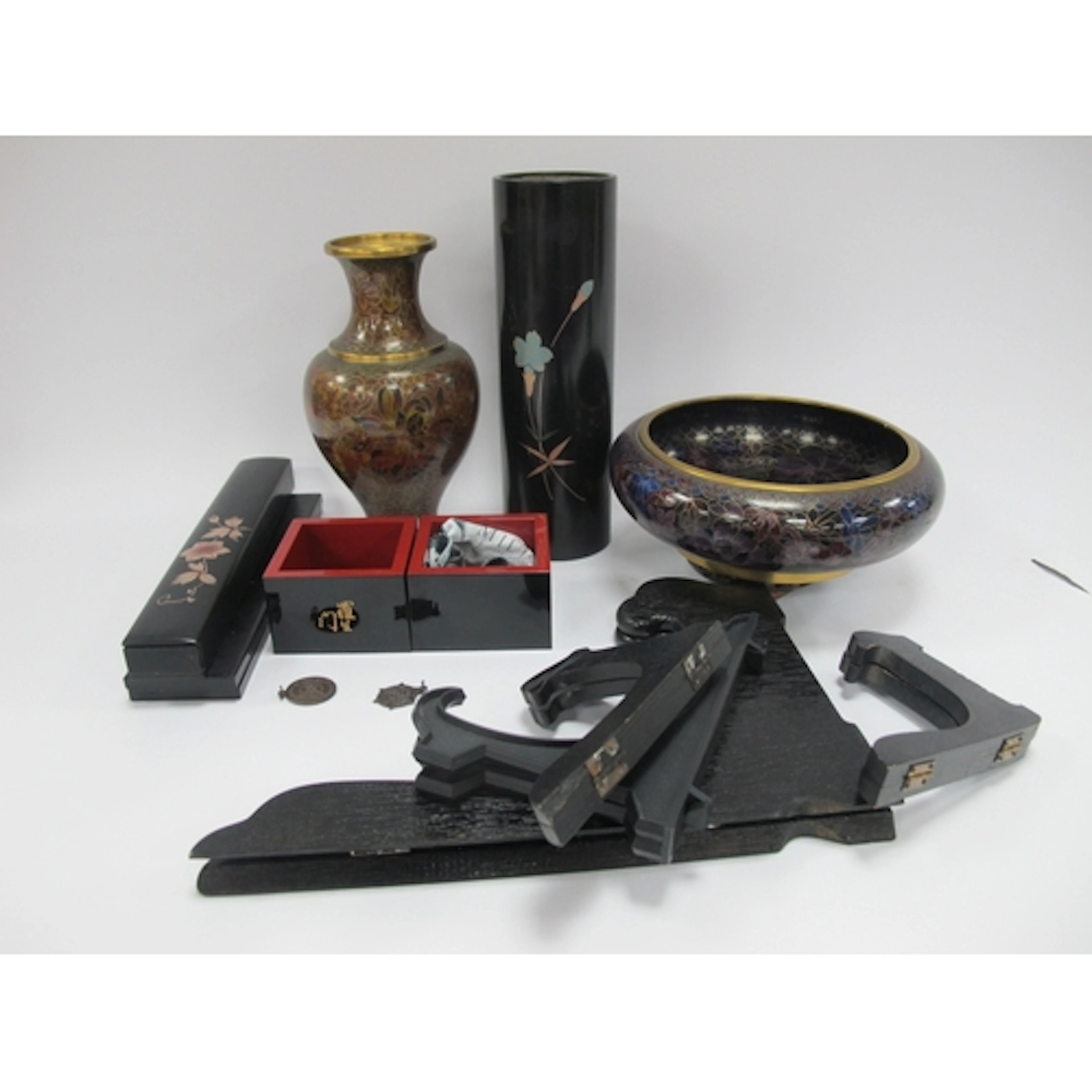 Cloisonne Bowl and Vase on stand, lacquered brush, pot, sake...