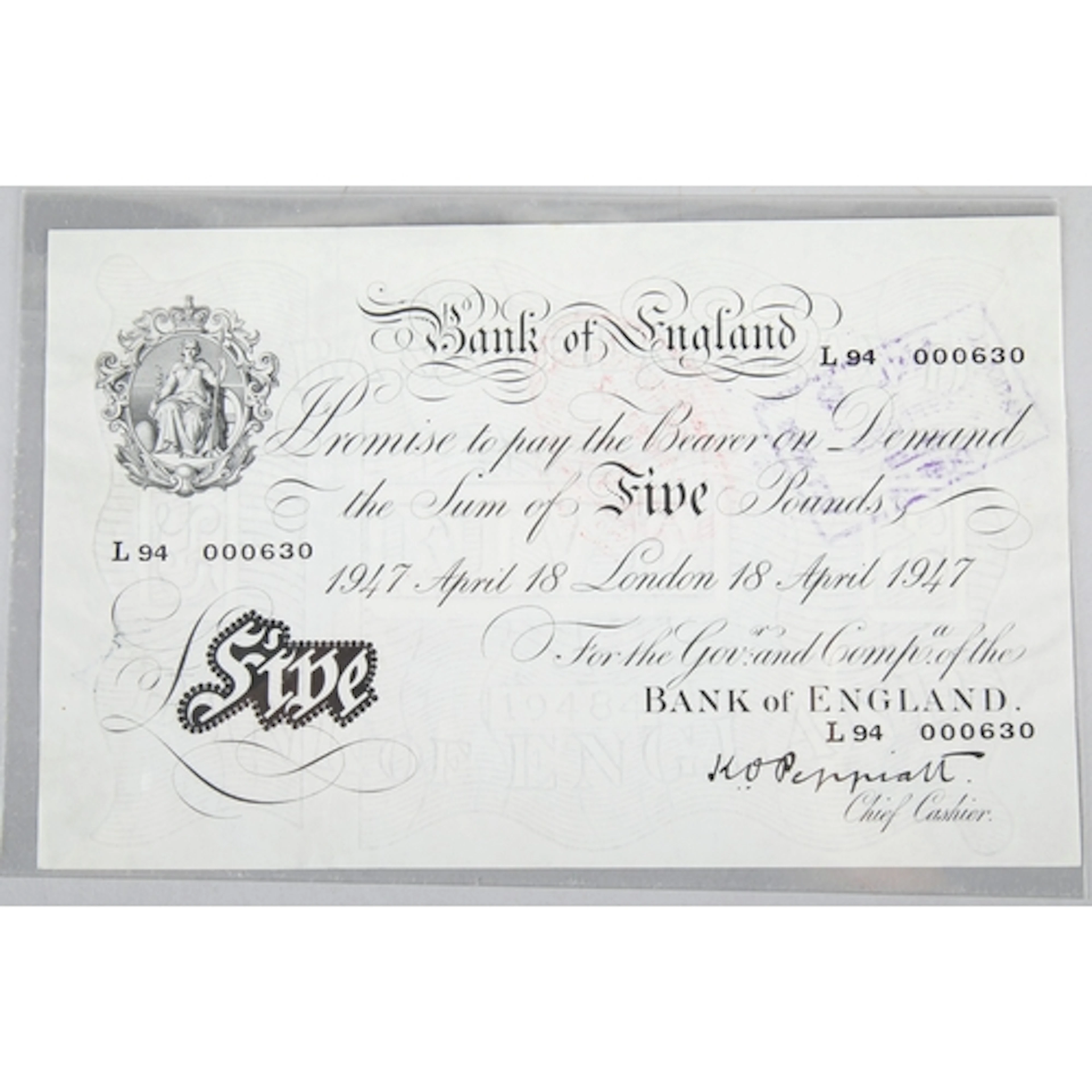 Bank of England white five pound note 1947