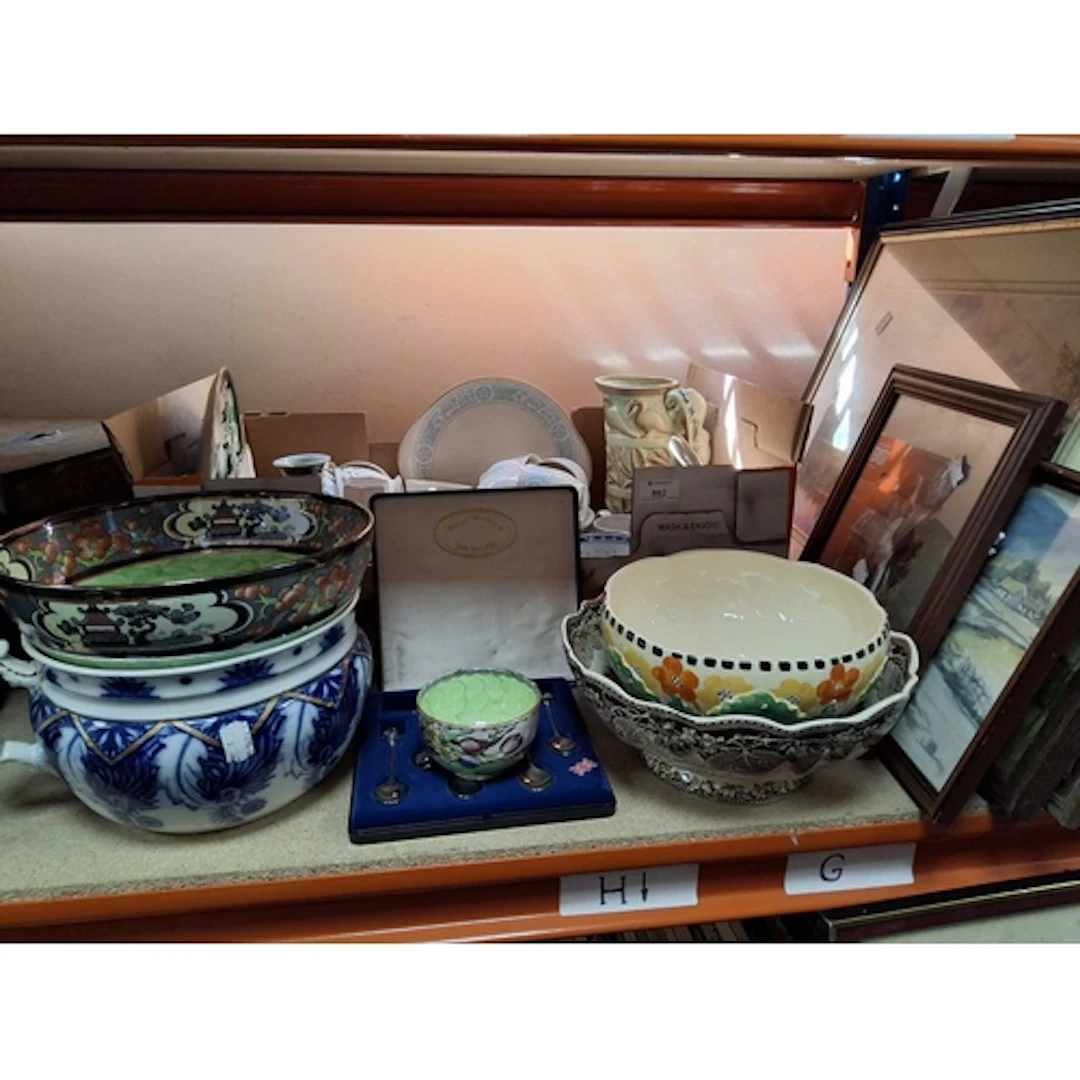 A BOX AND LOOSE CERAMICS, PICTURES AND SUNDRY ITEMS, to incl...