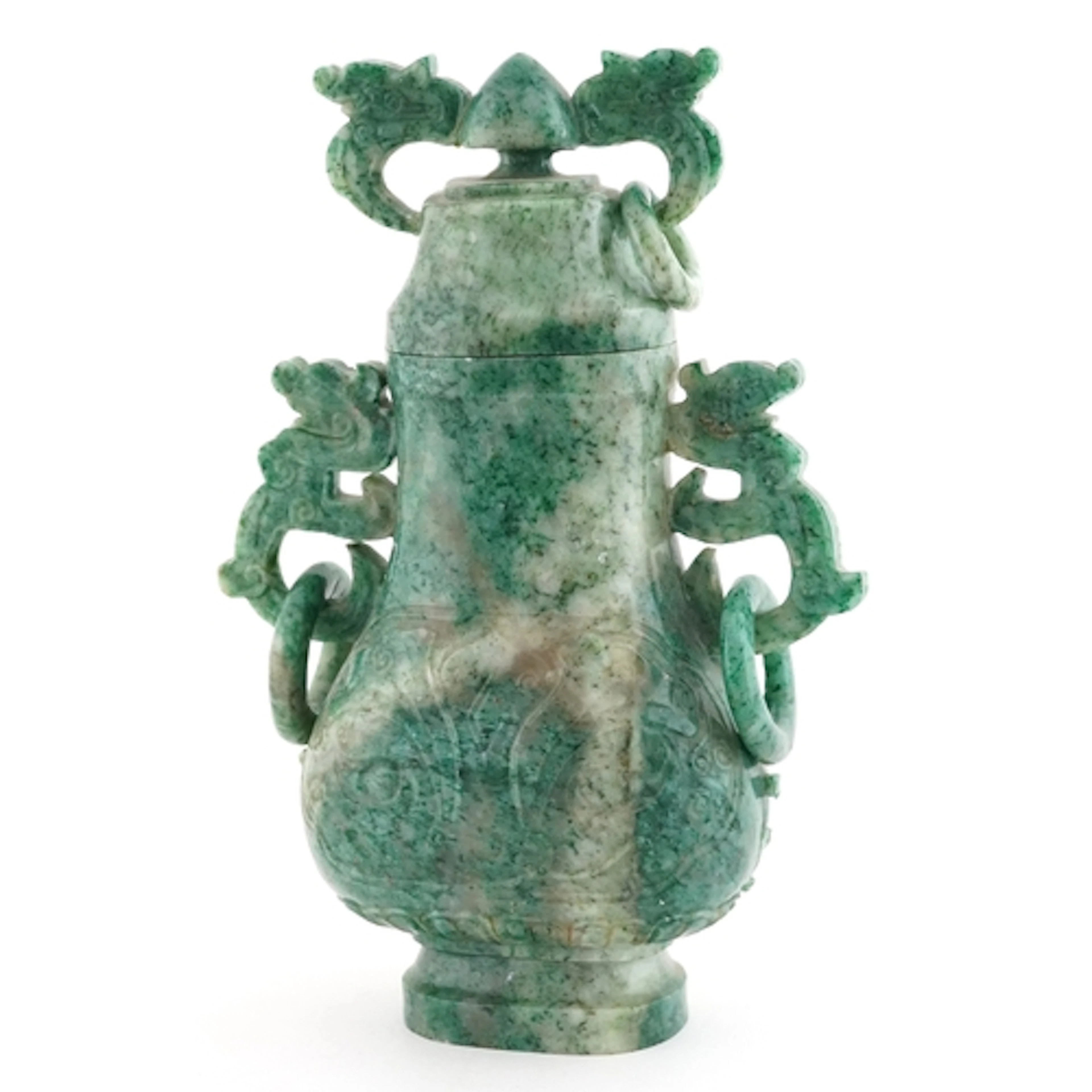 Chinese spinach green stone vase and cover having animalia a...