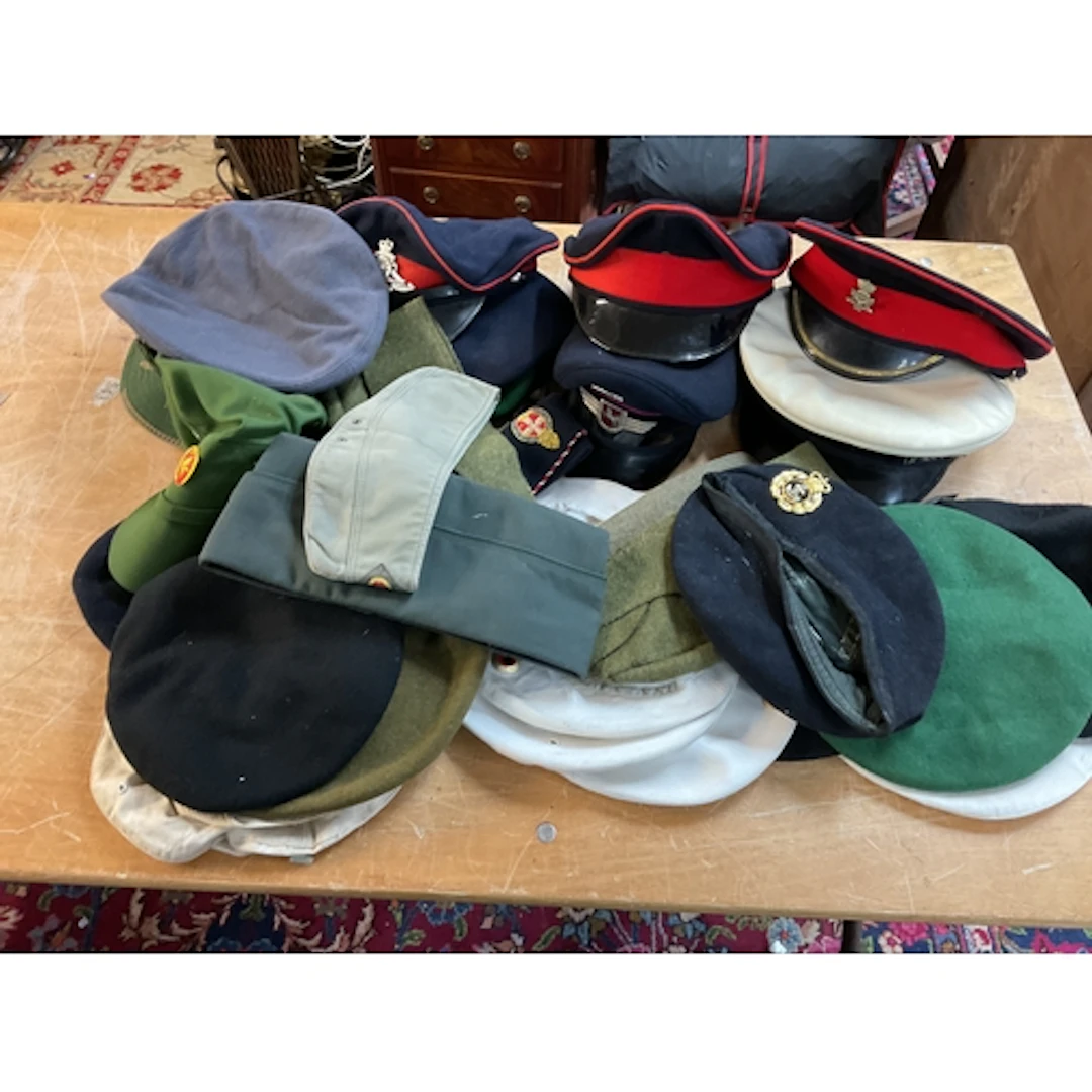Qty caps and hats from military, officers, berets, caps, fel...
