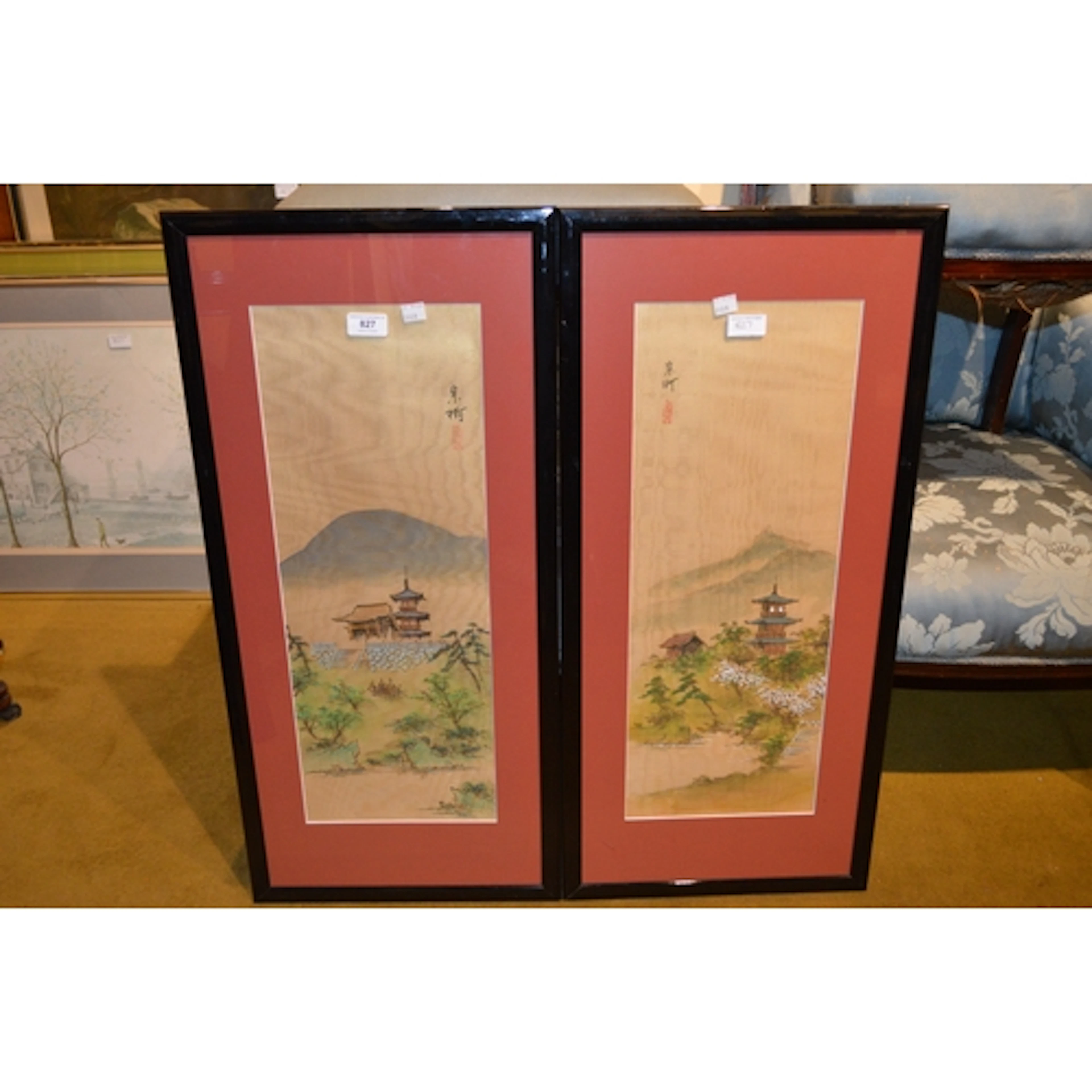 Pair of 20th Century Chinese paintings on fabric, landscapes...