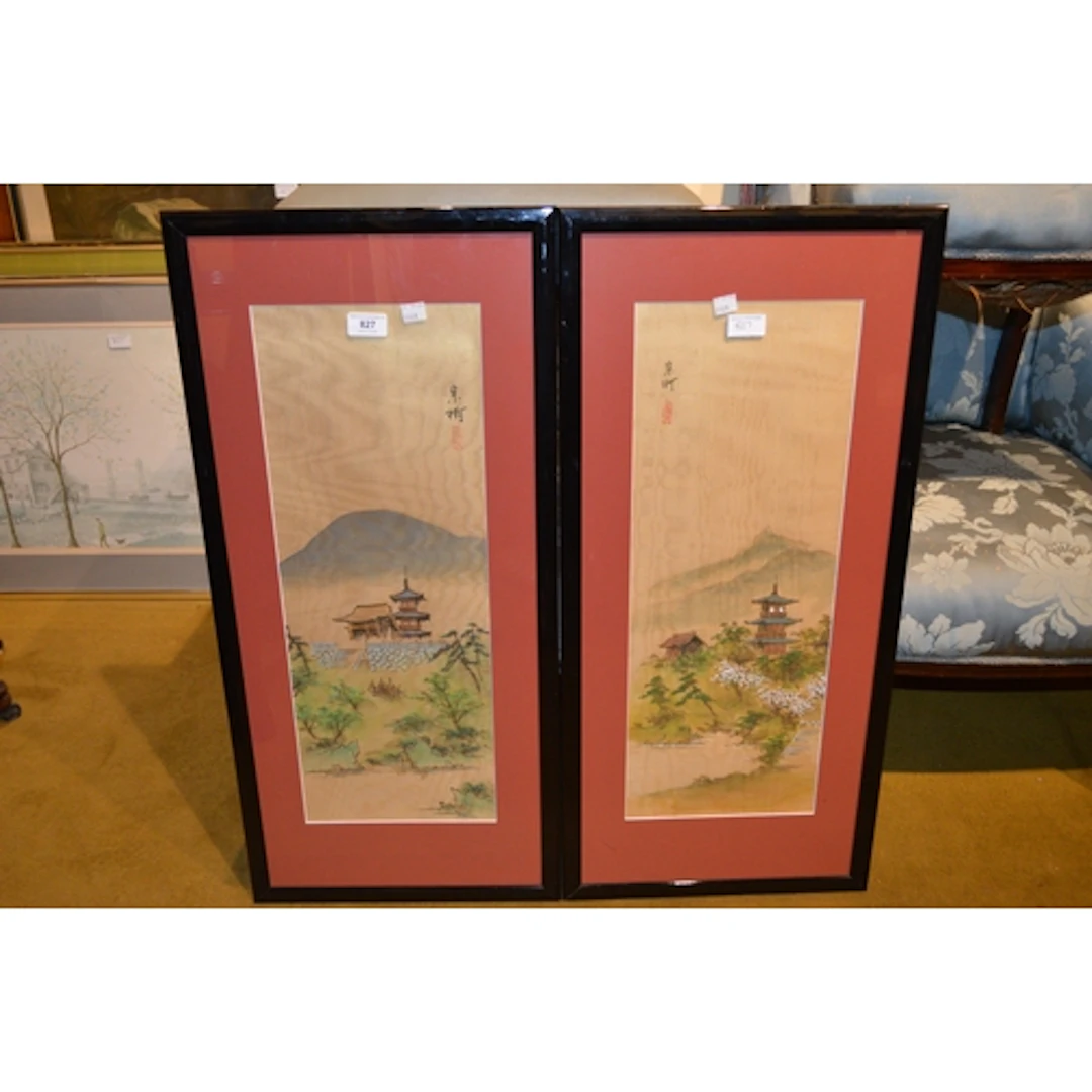 Pair of 20th Century Chinese paintings on fabric, landscapes...