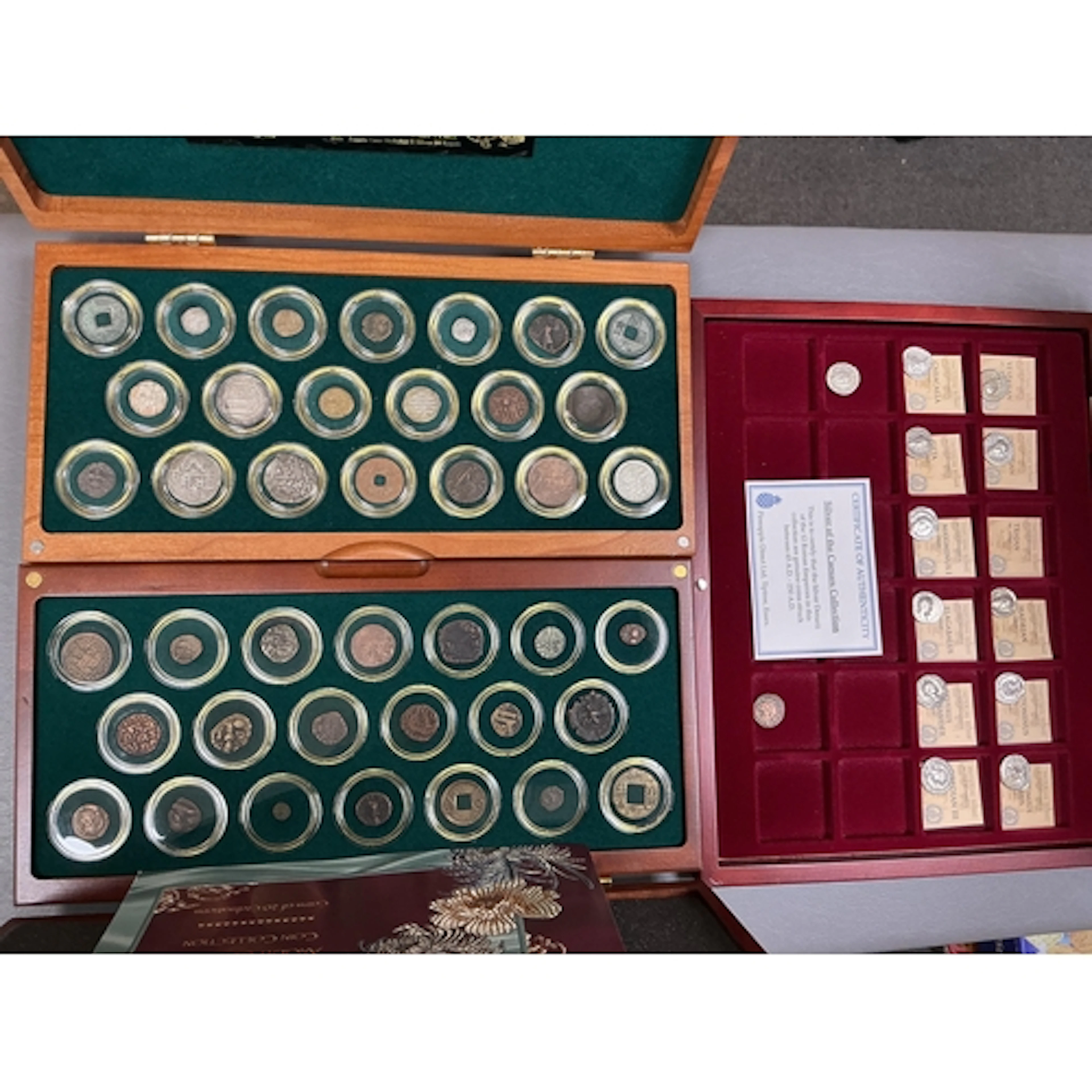 Ancient hammered coins in three cases; Royal mint ancient si...