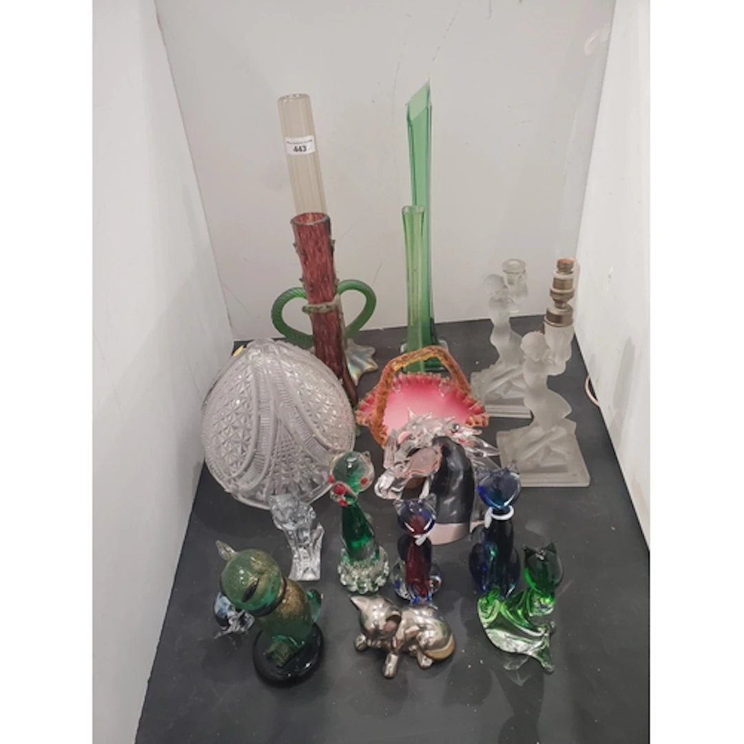 Four studio glass Vases, a cut glass Light Shade, coloured g...