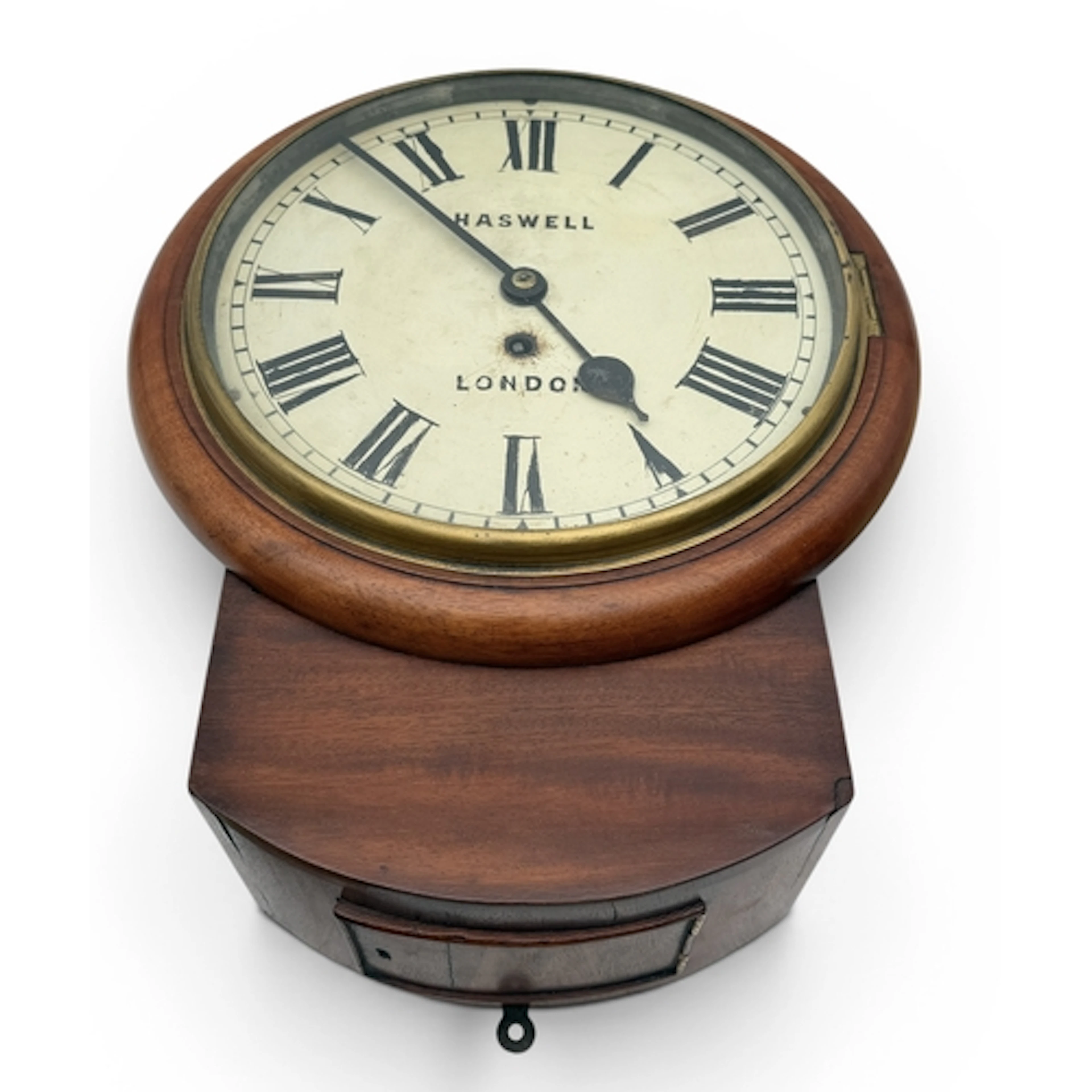 AN ANTIQUE MAHOGANY FUSEE WALL CLOCK, 10' DROP DIAL Dial mar...