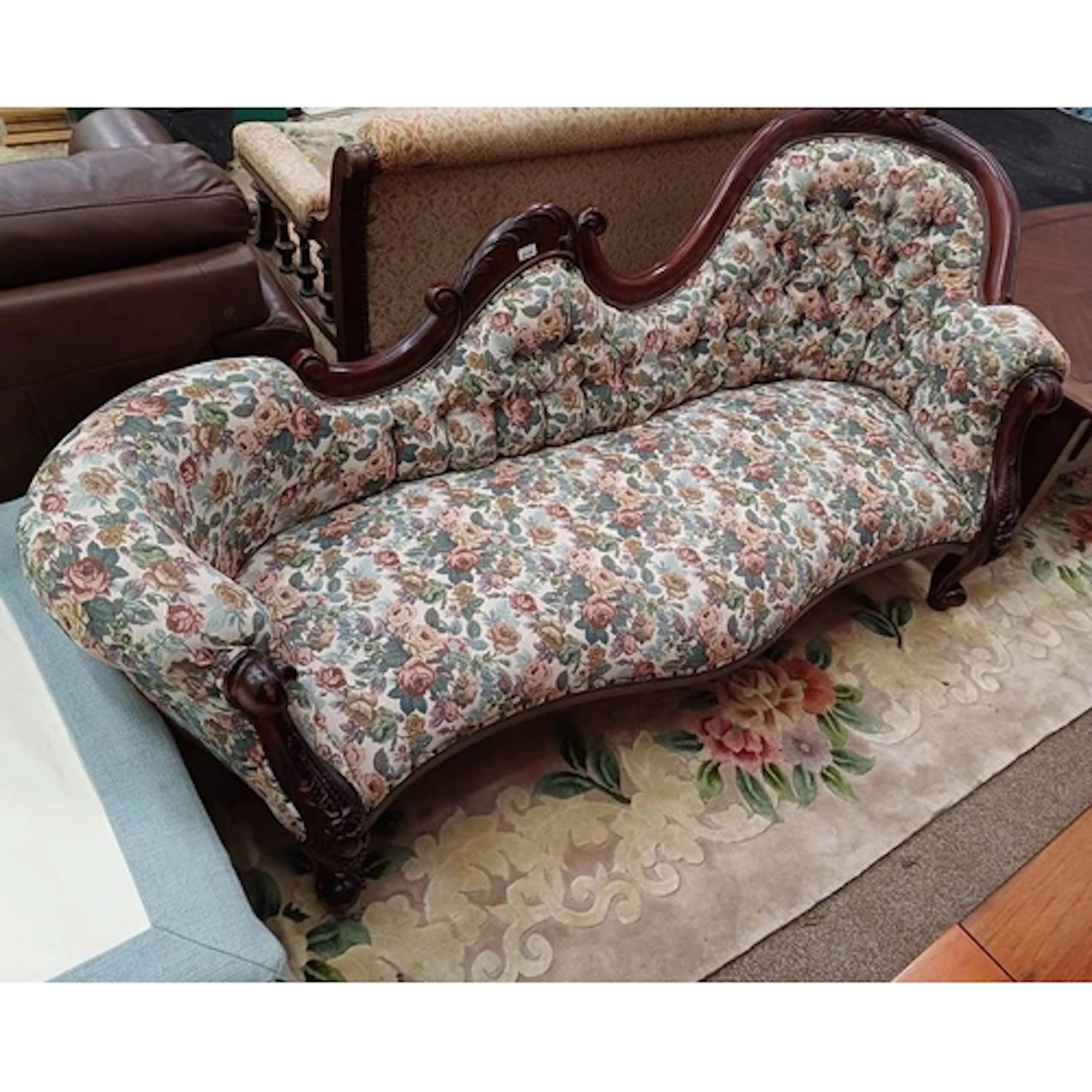 19TH CENTURY STYLE CARVED MAHOGANY FRAMED CHAISE LONGUE ON C...