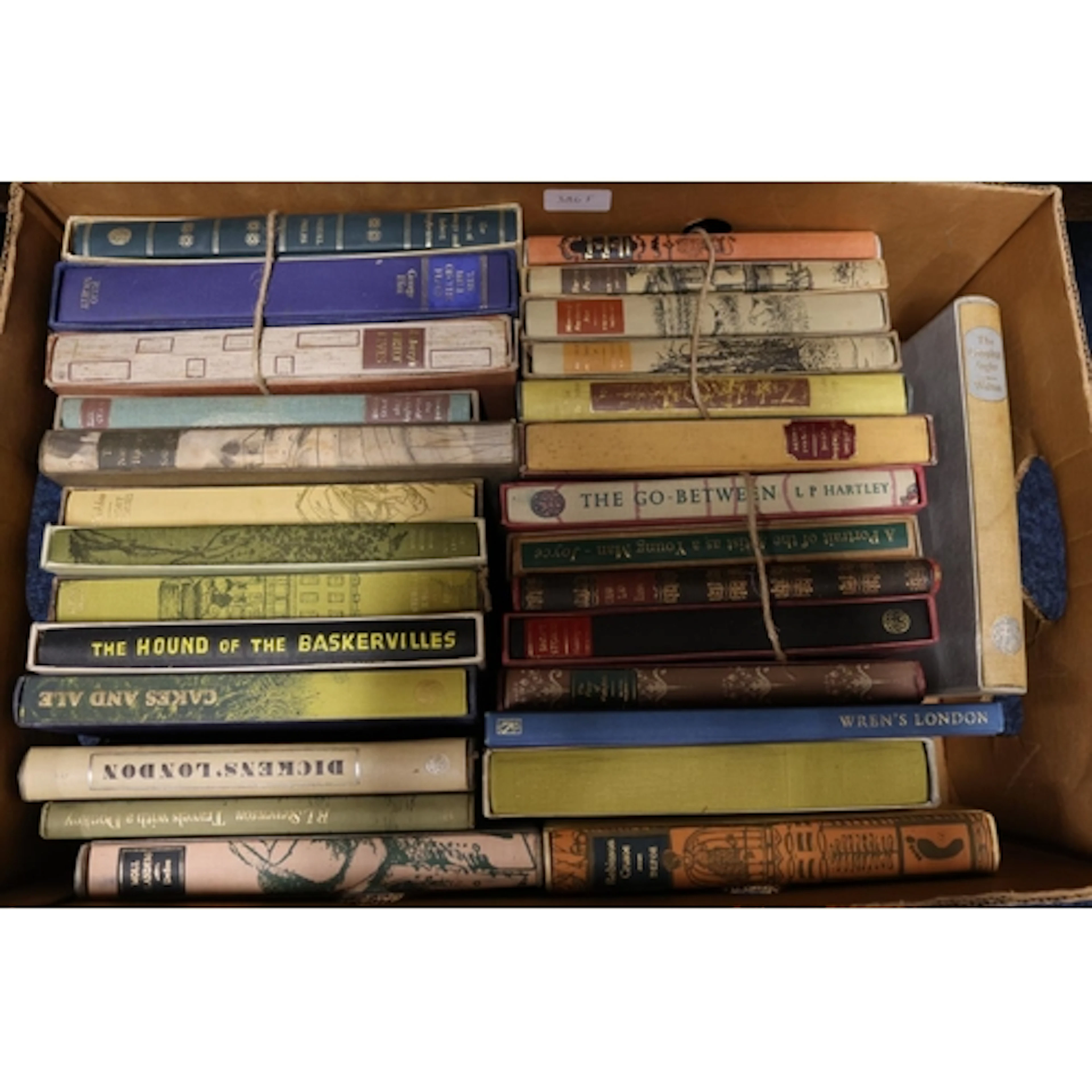 Box containing Folio Society books with slip sleeves to incl...