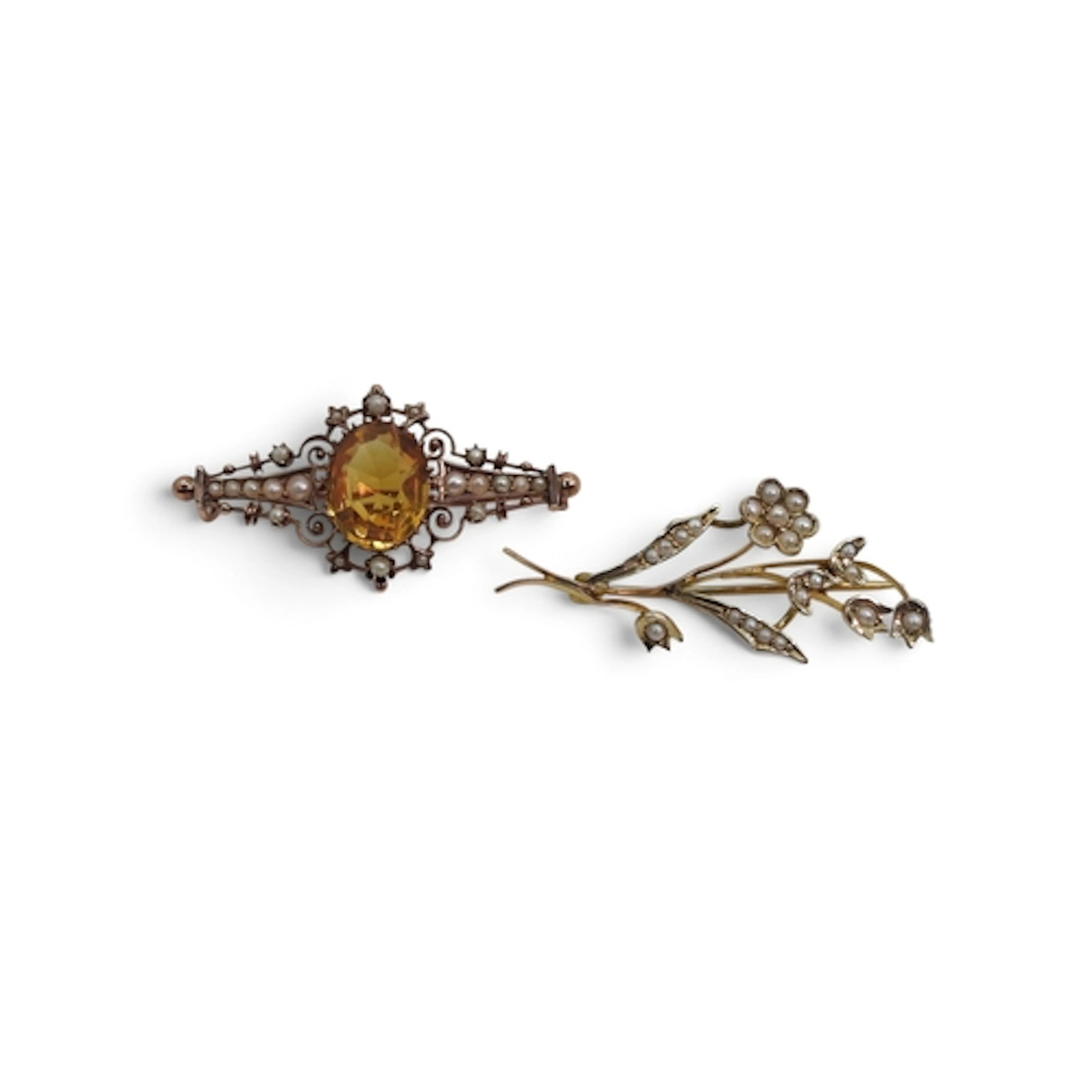 A 9ct gold pearl flower brooch, and a 9ct gold citrine and p...