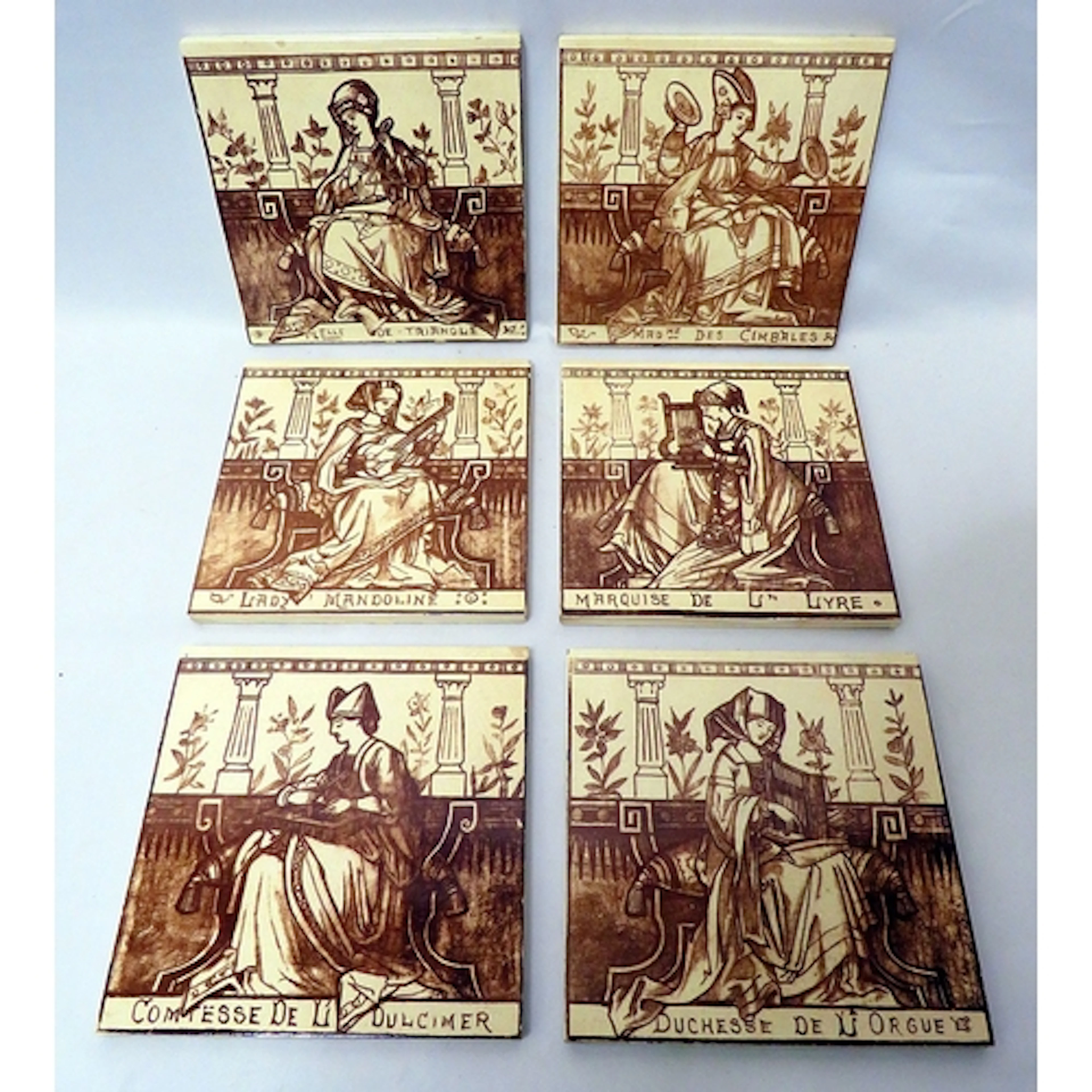 Set of 6 Vintage Antique Style Wall Tiles, cream ground with...