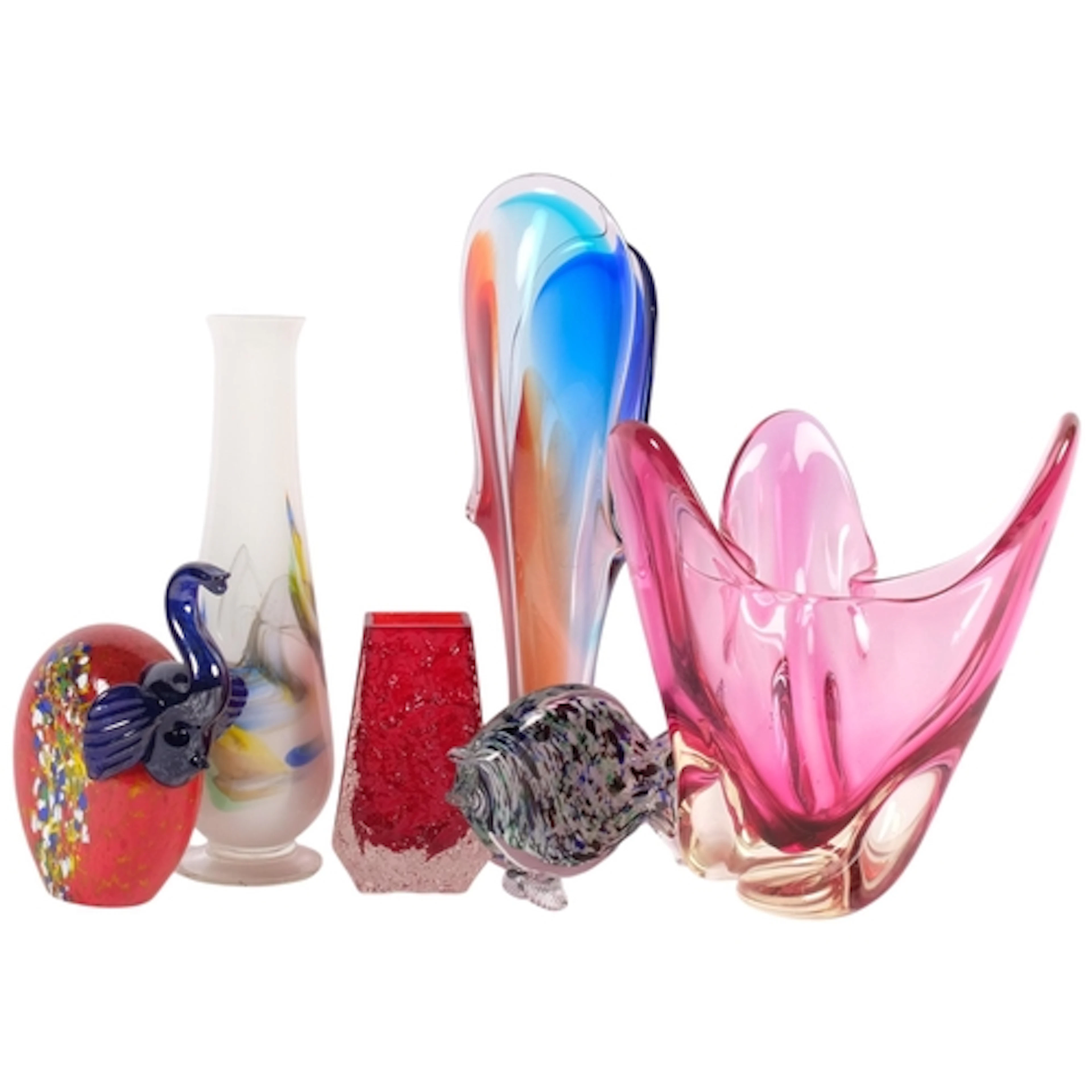 Various art glass, to include End Of Day glass fish, Spanish...