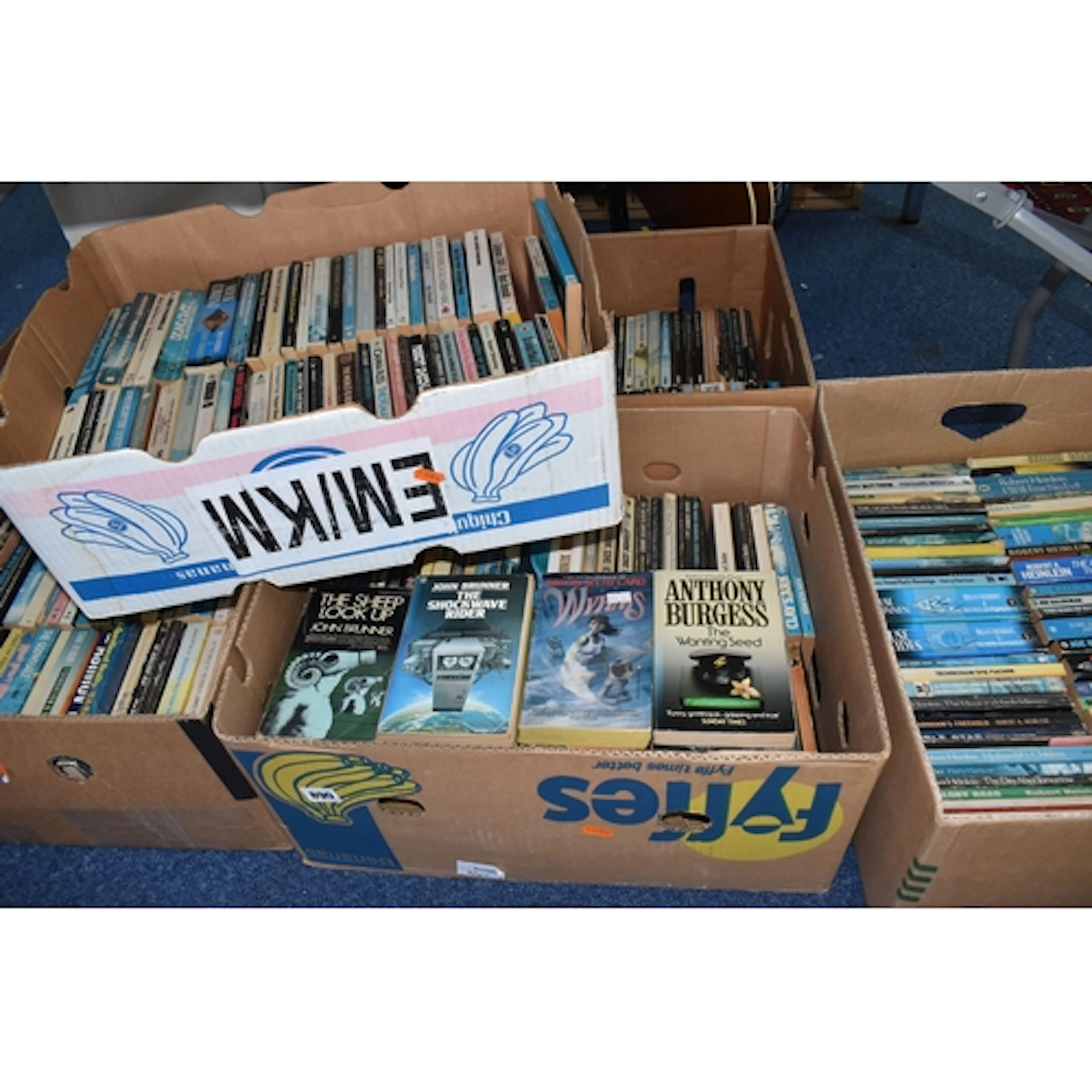 SIX BOXES OF MOSTLY SCIENCE FICTION PAPERBACKS comprising ap...