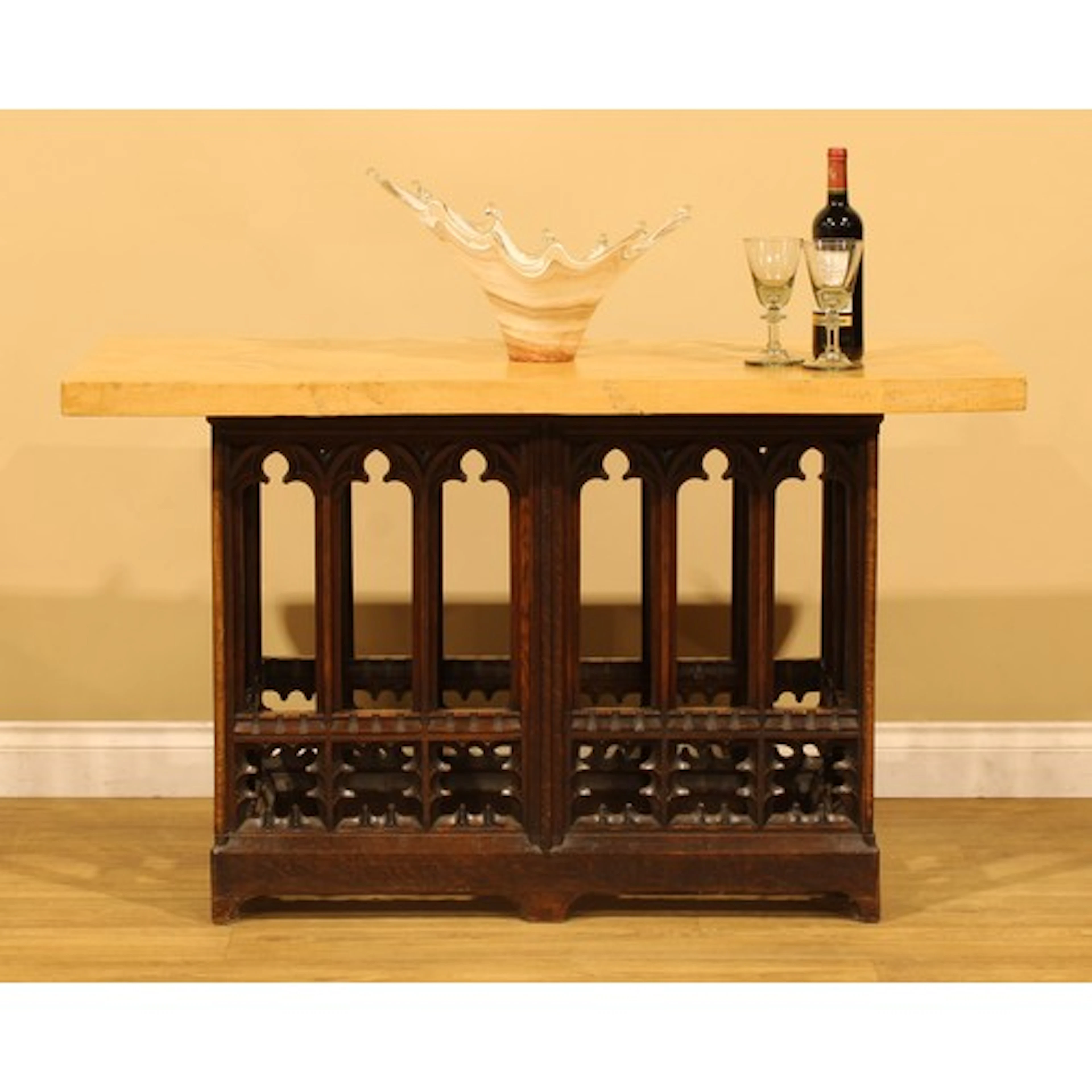 A Gothic Revival oak and sycamore altar table, rectangular t...