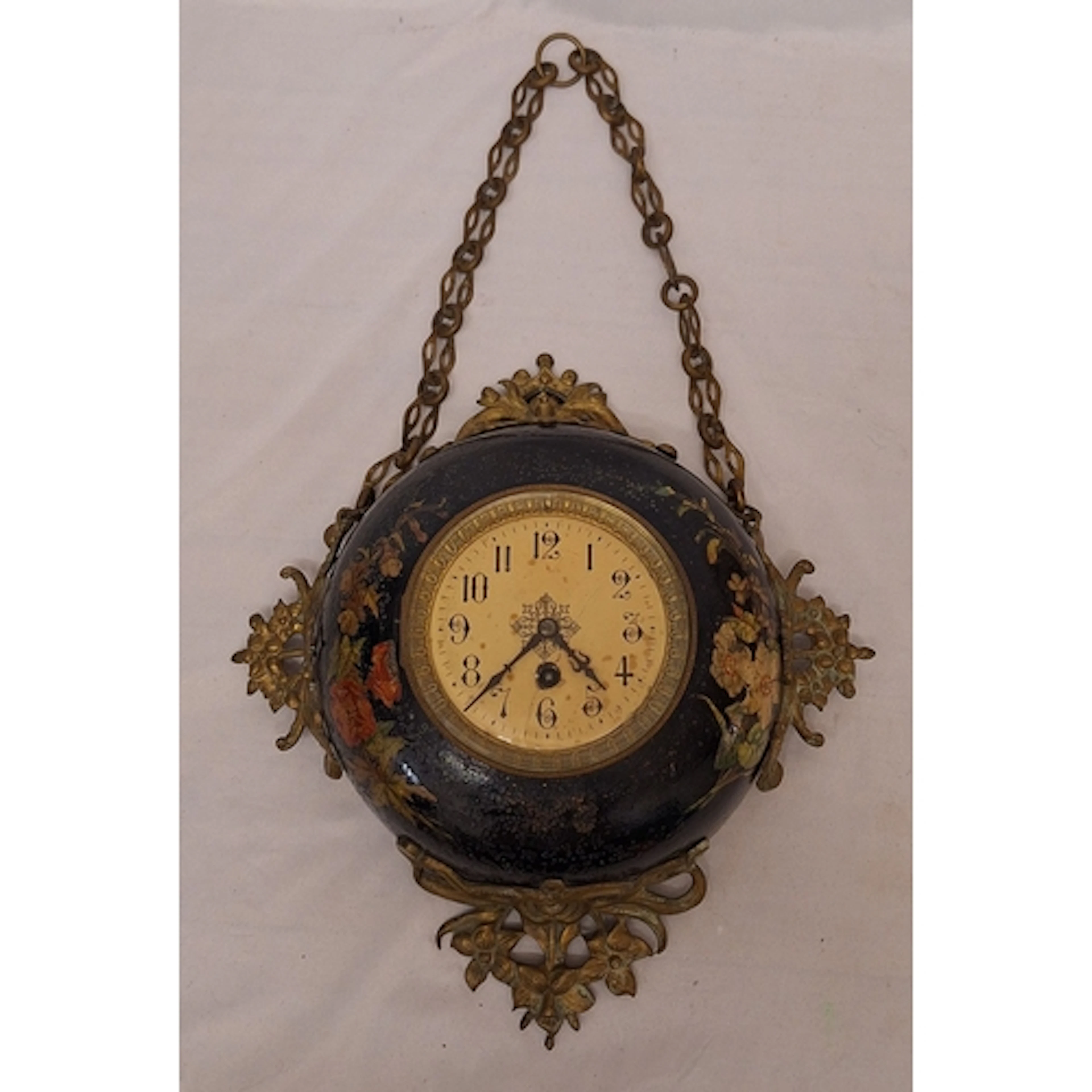 Late C19th French Painted Tin Cartel Wall Clock with brass f...