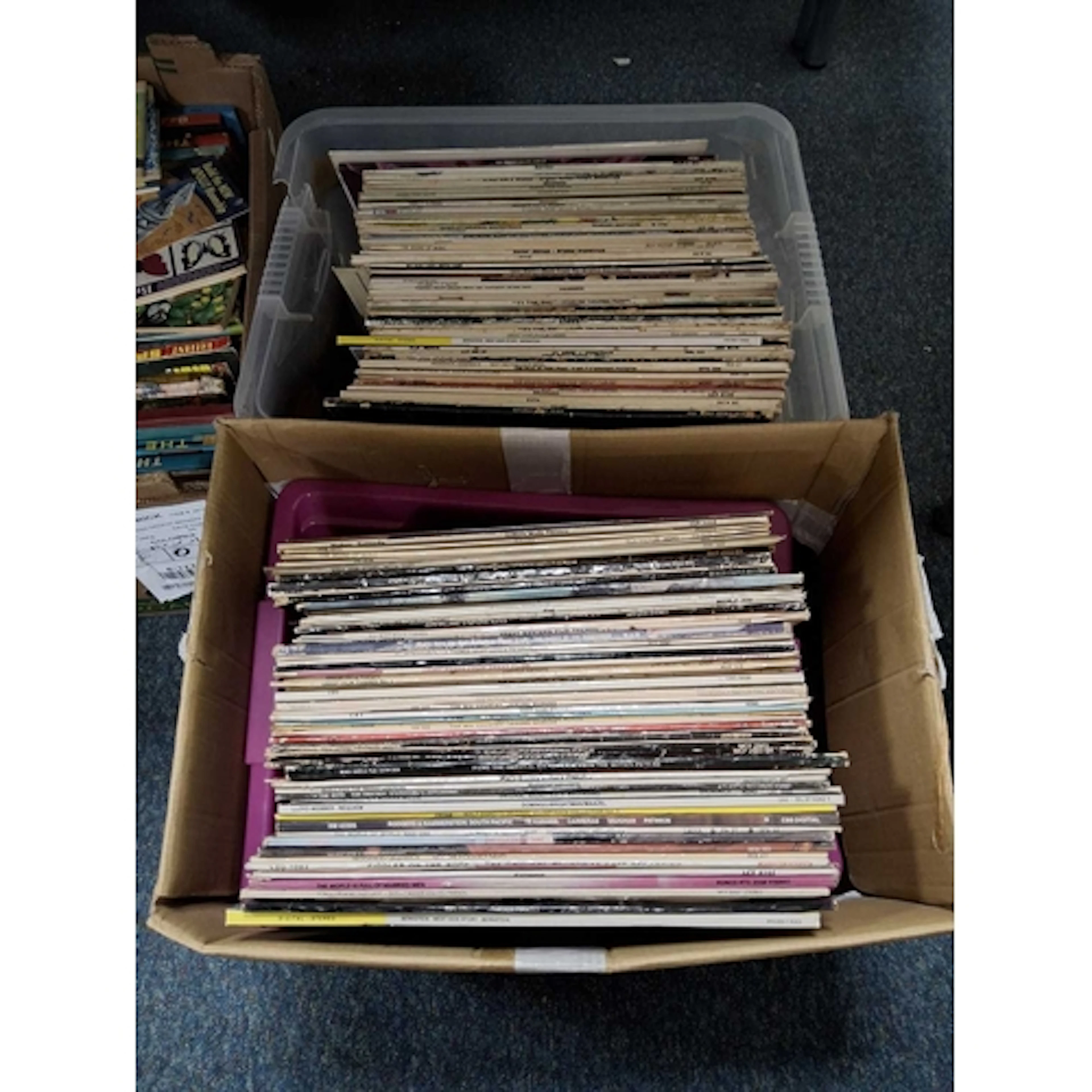 TWO BOXES OF VINYL RECORDS COVERING SOUNDTRACKS AND SHOW TUN...