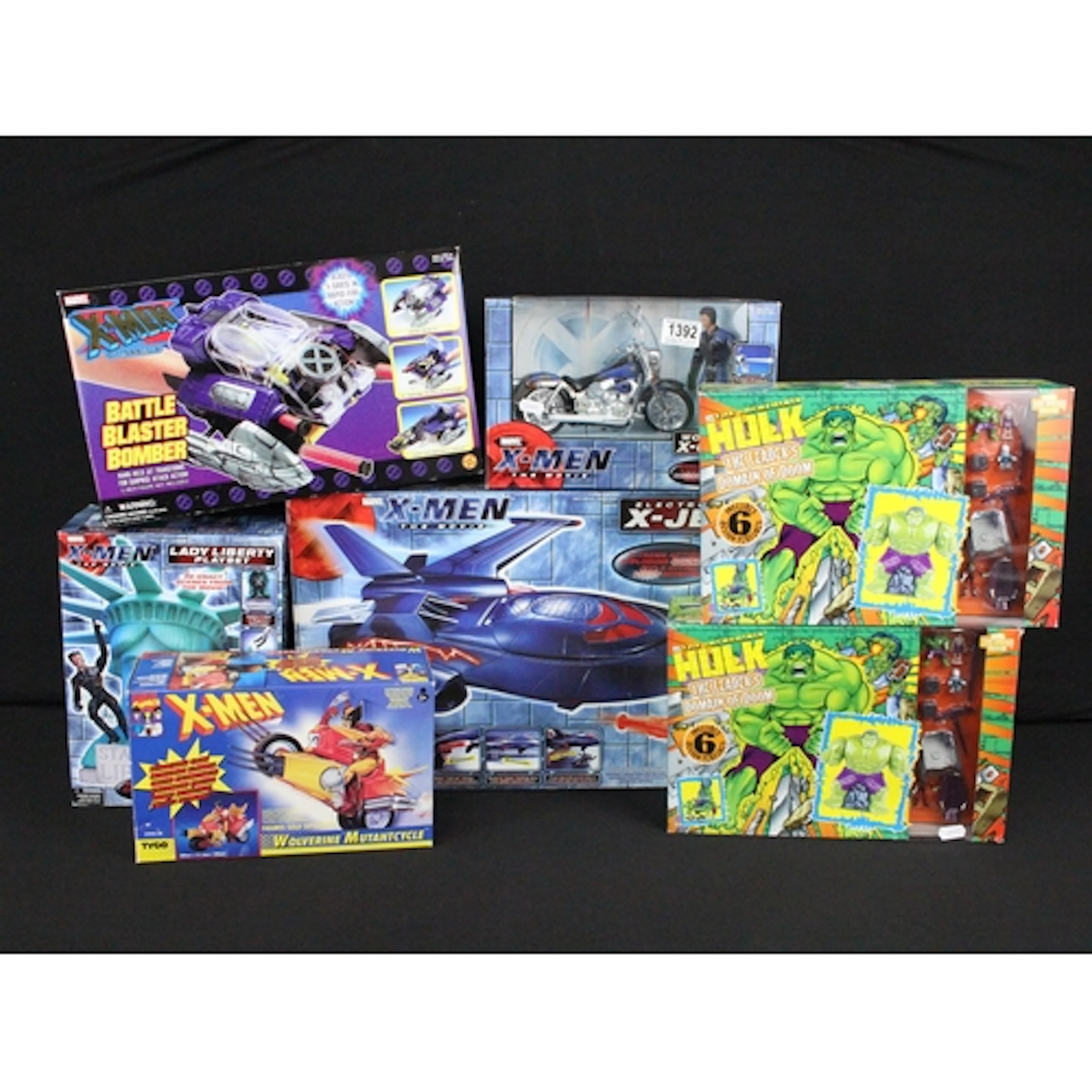 Seven boxed Marvel figure, play sets and vehicles to include...