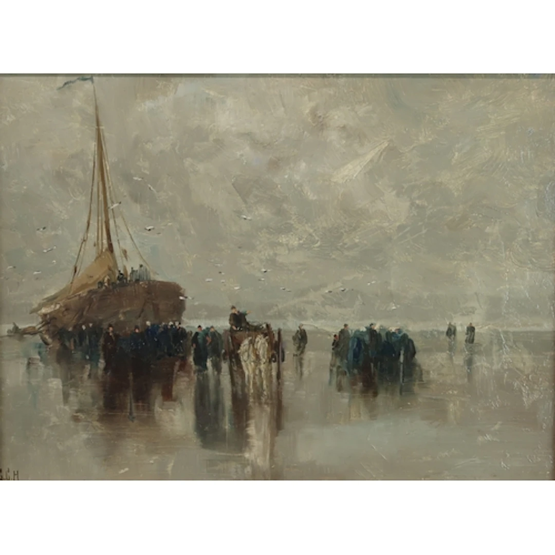 GEORGE CHARLES HAITE (ENGLISH 1855-1924) BOATS AT LOW TIDE ...