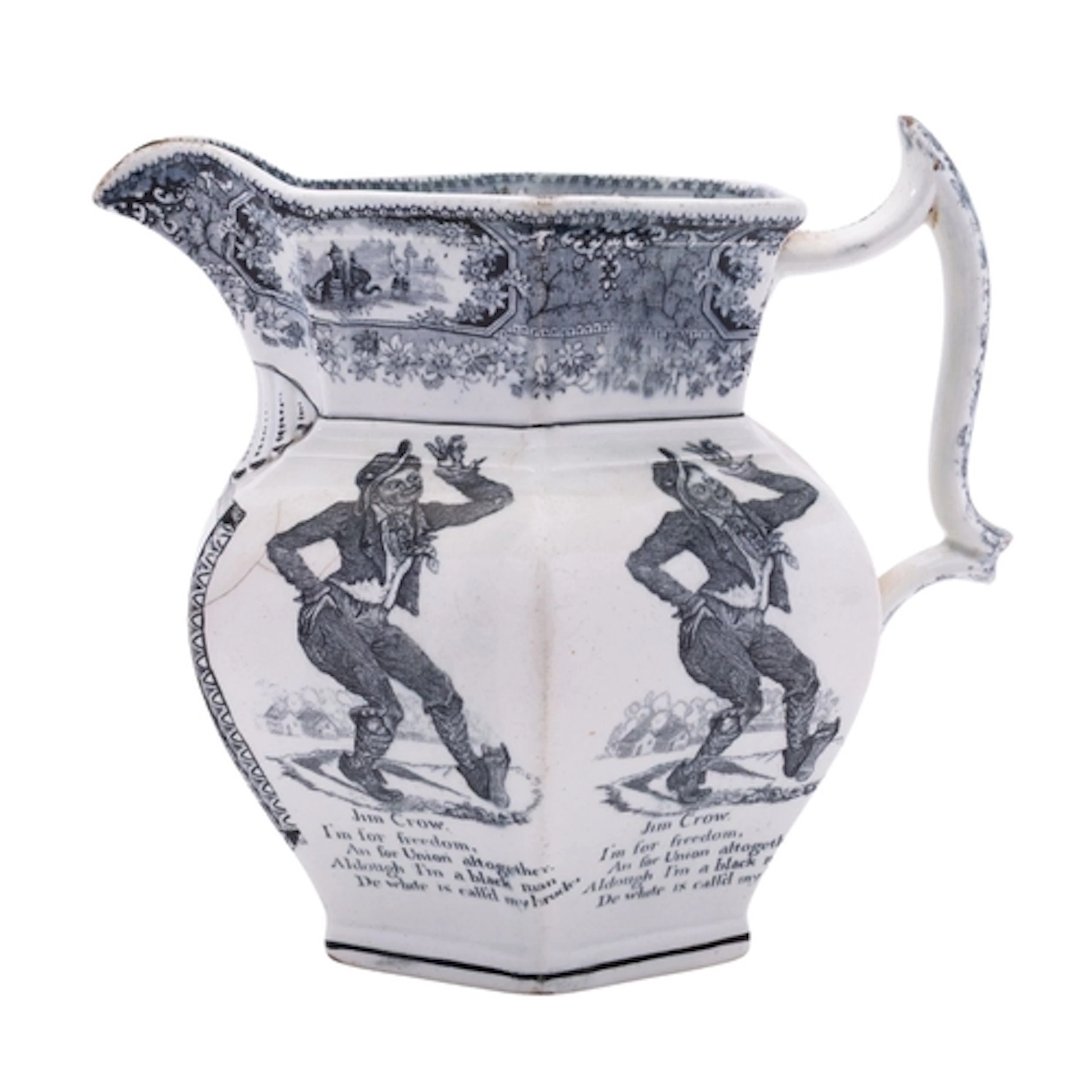 An English pottery jug of shouldered hexagonal profile with ...
