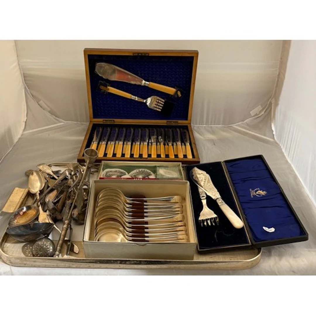 A qty of silver plated cutlery, bone handled fish canteen et...
