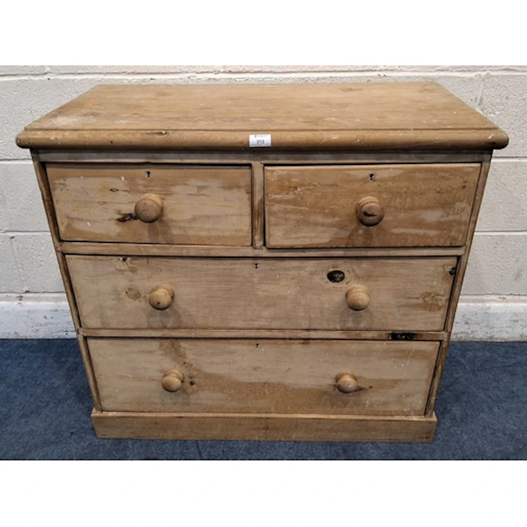 A 19TH CENTURY PINE CHEST OF TWO SHORT OVER TWO LONG DRAWERS...