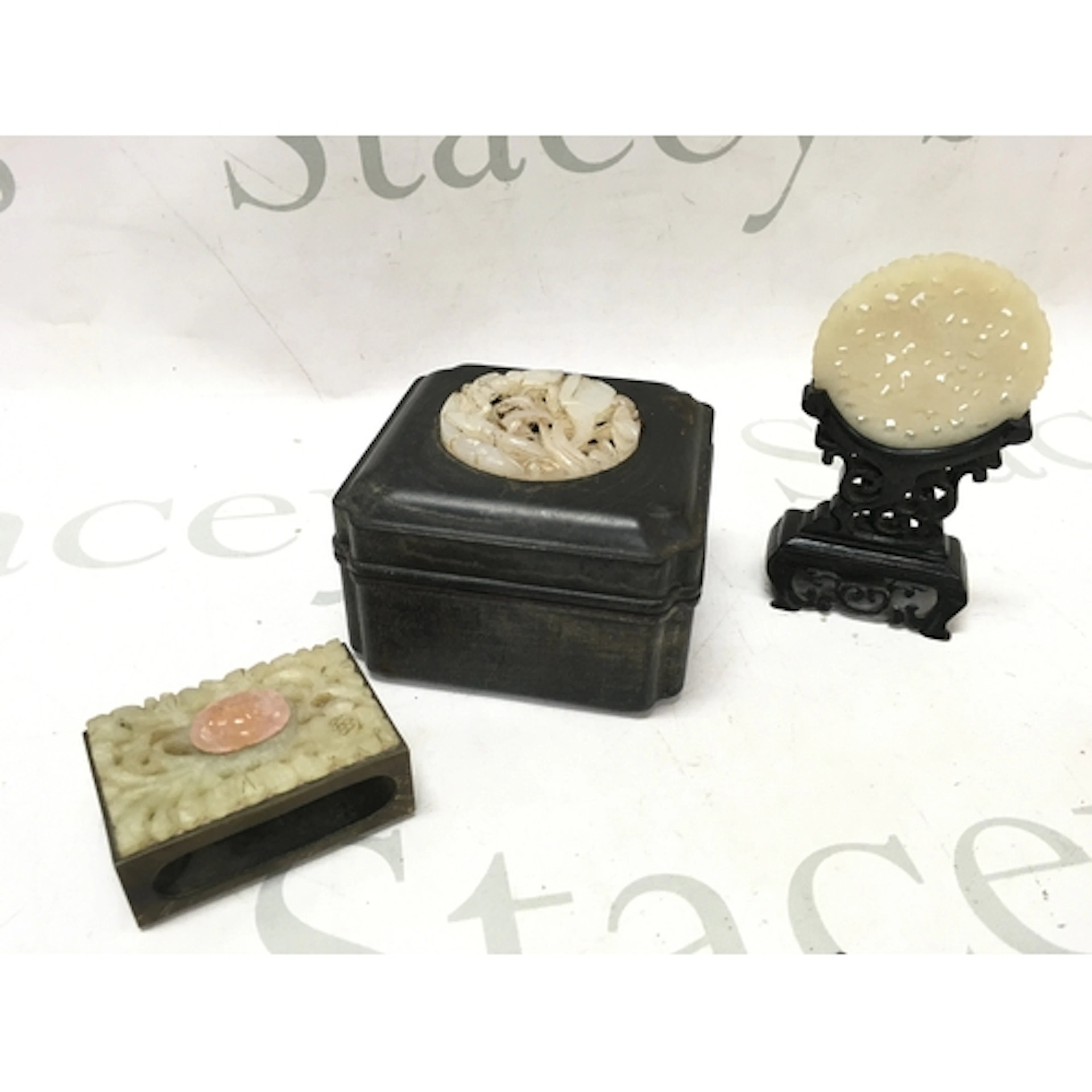 Chinese Jade items including a matchbox holder, trinket box ...