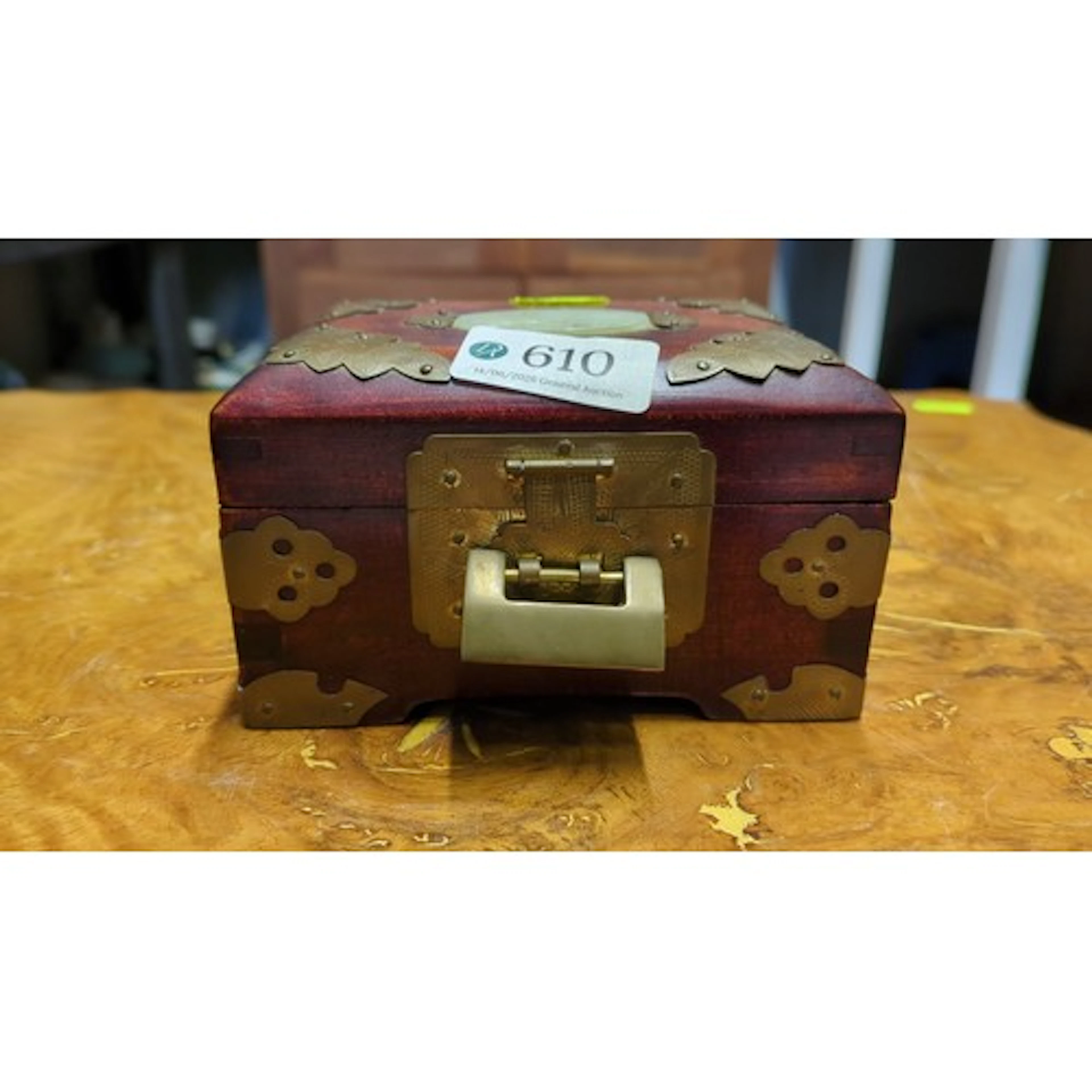 Mid-20th century lacquered wooden trinket box with brass-mou...