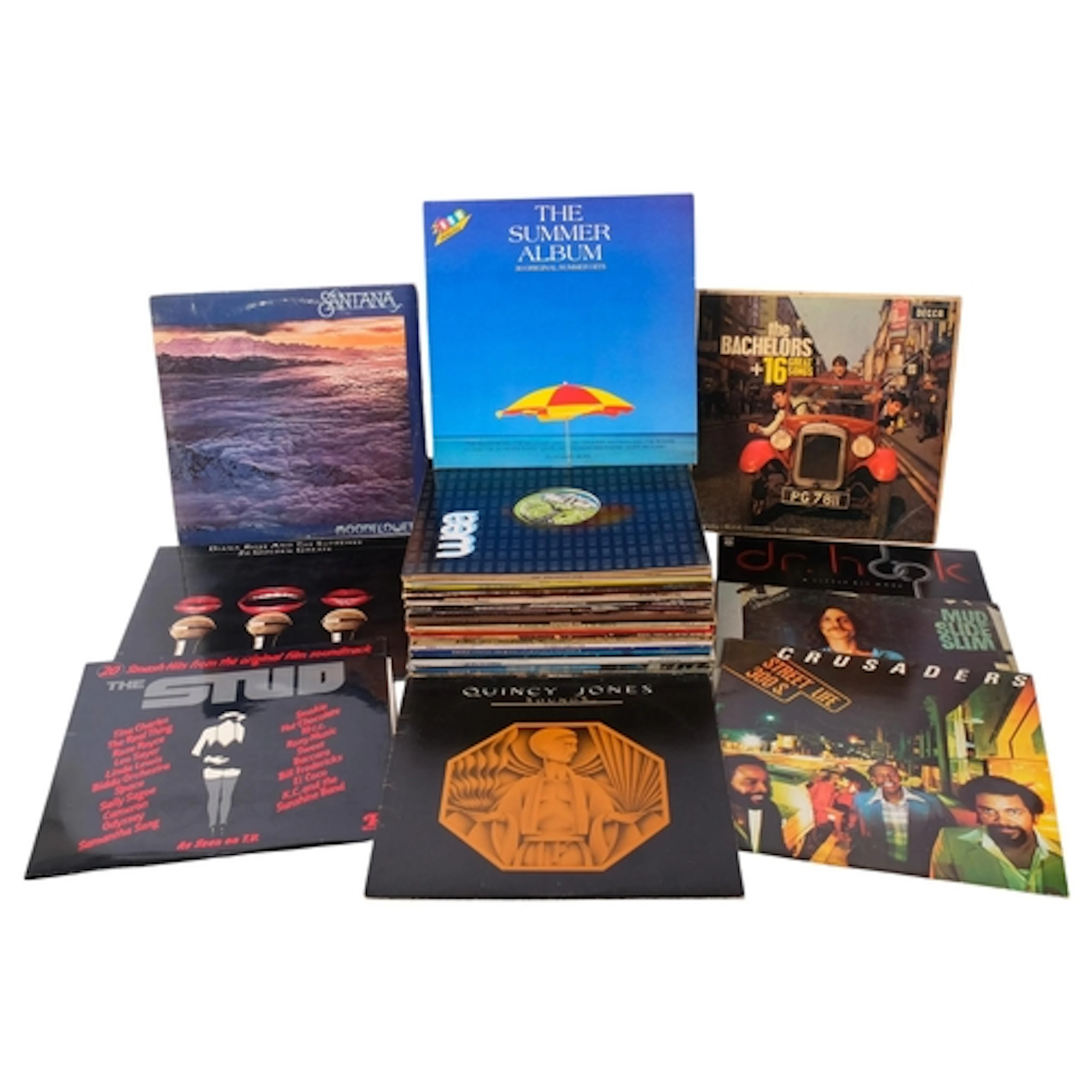 A collection of '70s/and '80s vinyl albums, including Carl P...