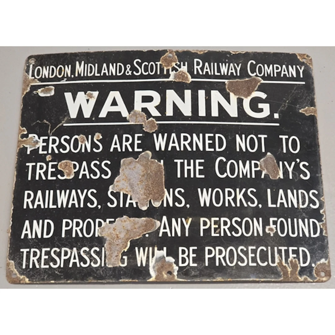 Vintage black and white enamel LMSR Trespass sign measuring ...