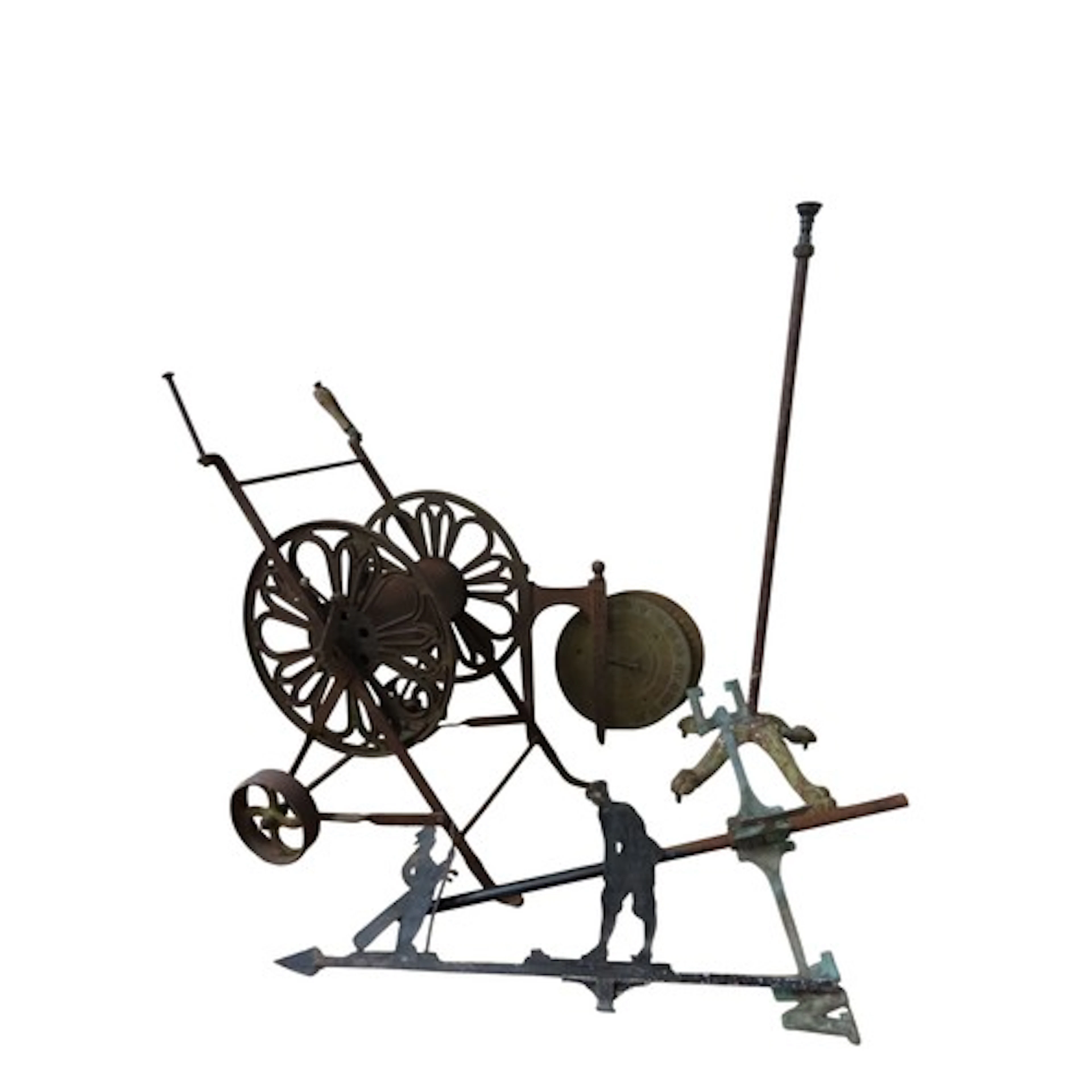 A VINTAGE GARDEN HOSE PIPE REEL, LAWN SPRINKLER AND BOOT SCR...