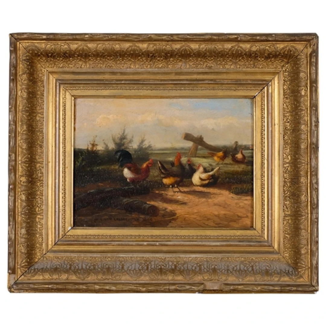 J L Van Leemputten, chickens in a farmyard, oil on wood pane...