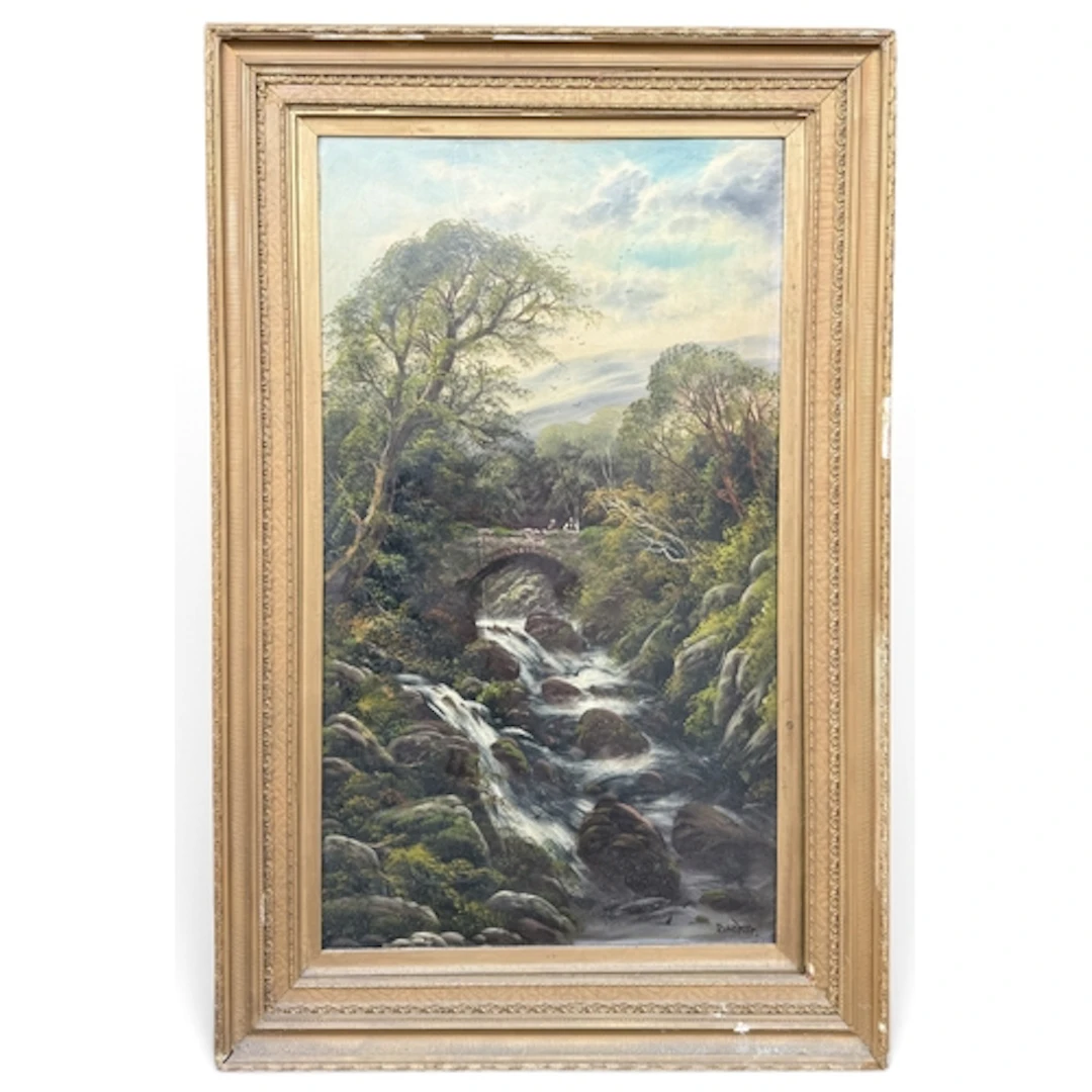 LATE VICTORIAN SCHOOL: A WATERFALL LANDSCAPE Oil on board. S...