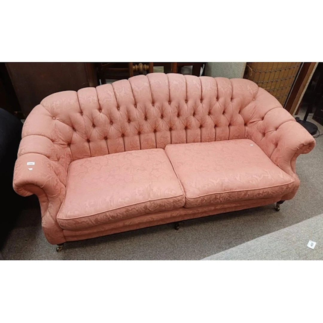 OVERSTUFFED SETTEE WITH PINK FOLIAGE PATTERN LABELLED LINCOL...
