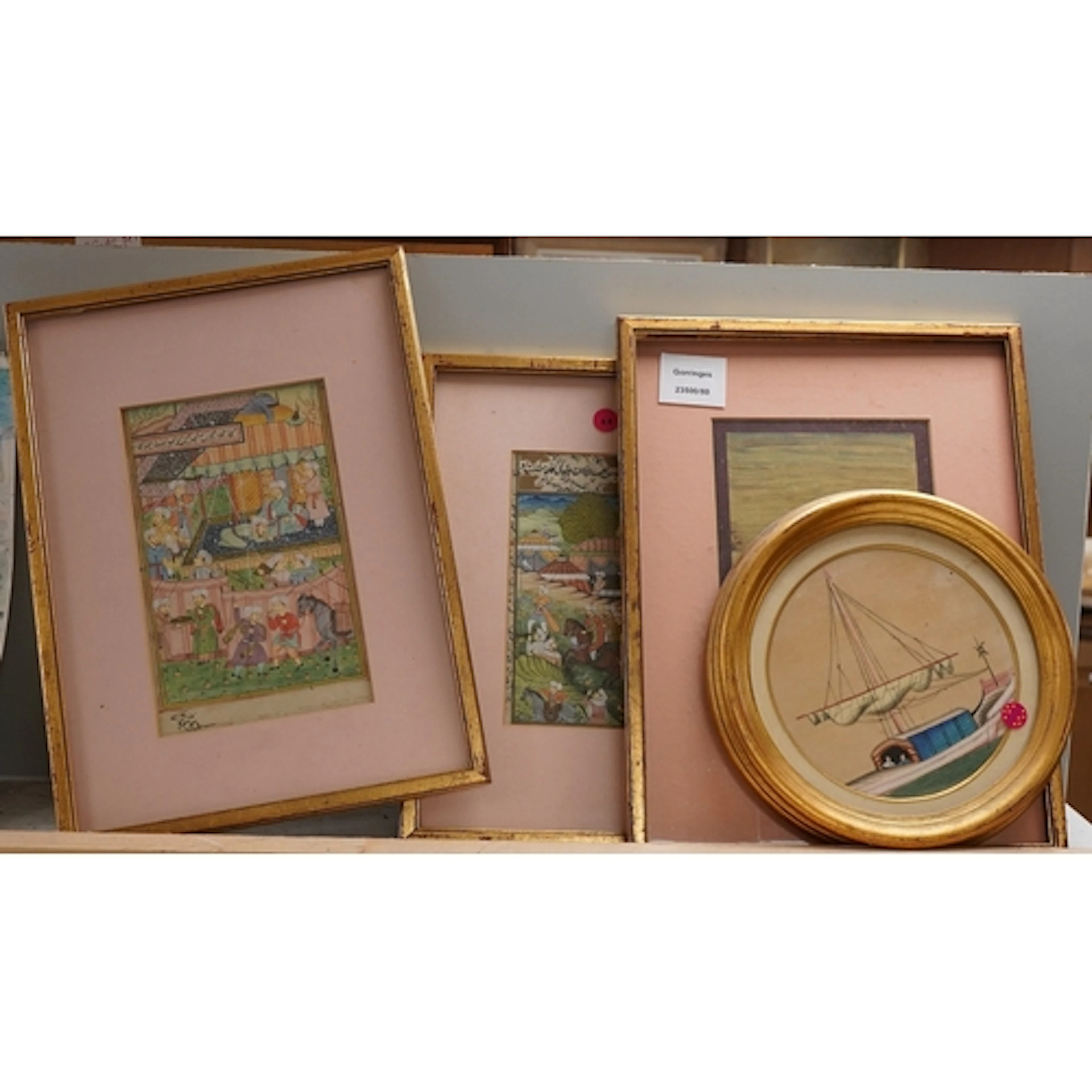 Indian Mughal style, three watercolours to include a hunting...