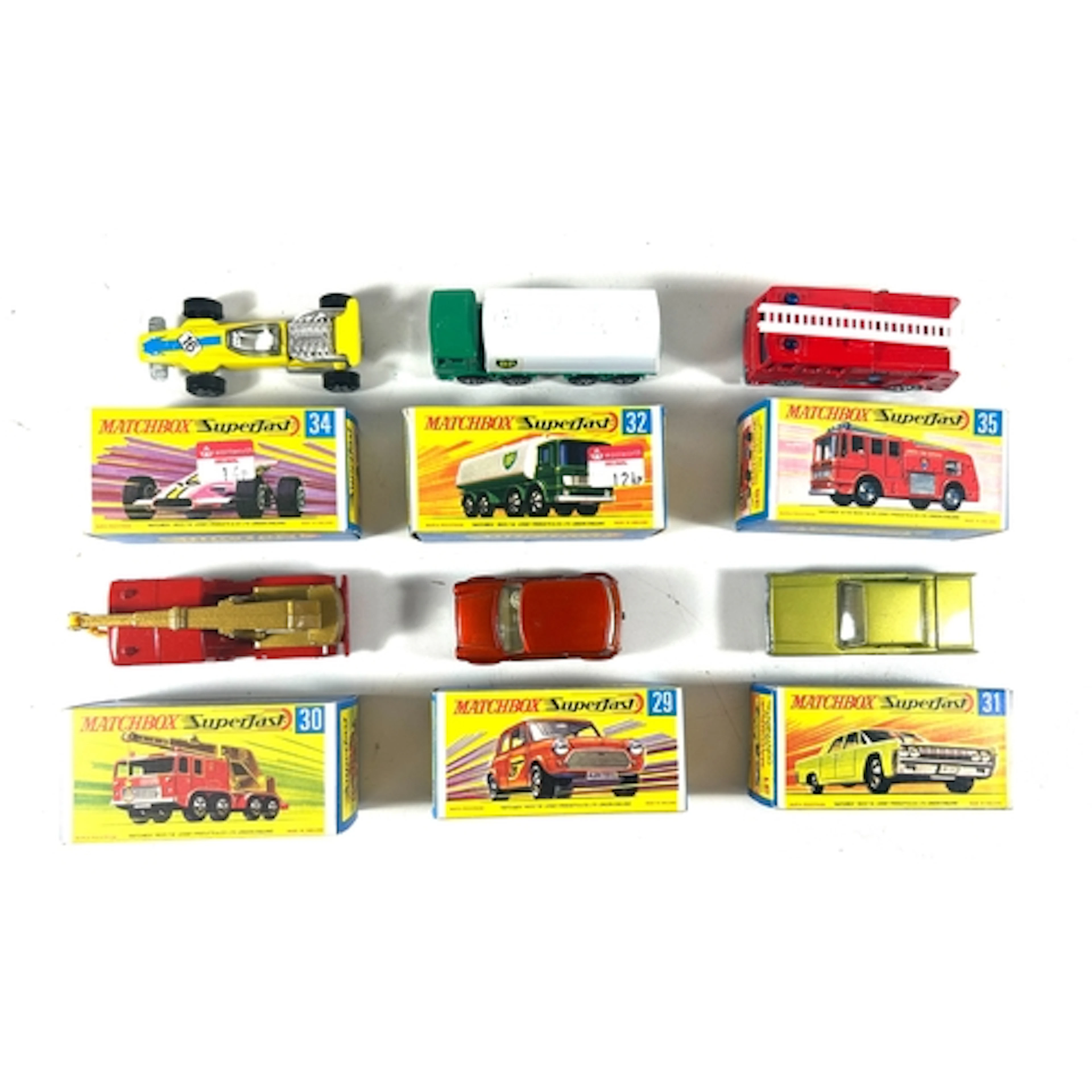 6 Matchbox Superfast. No.29 Racing Mini, No.30 8-Wheel Crane...
