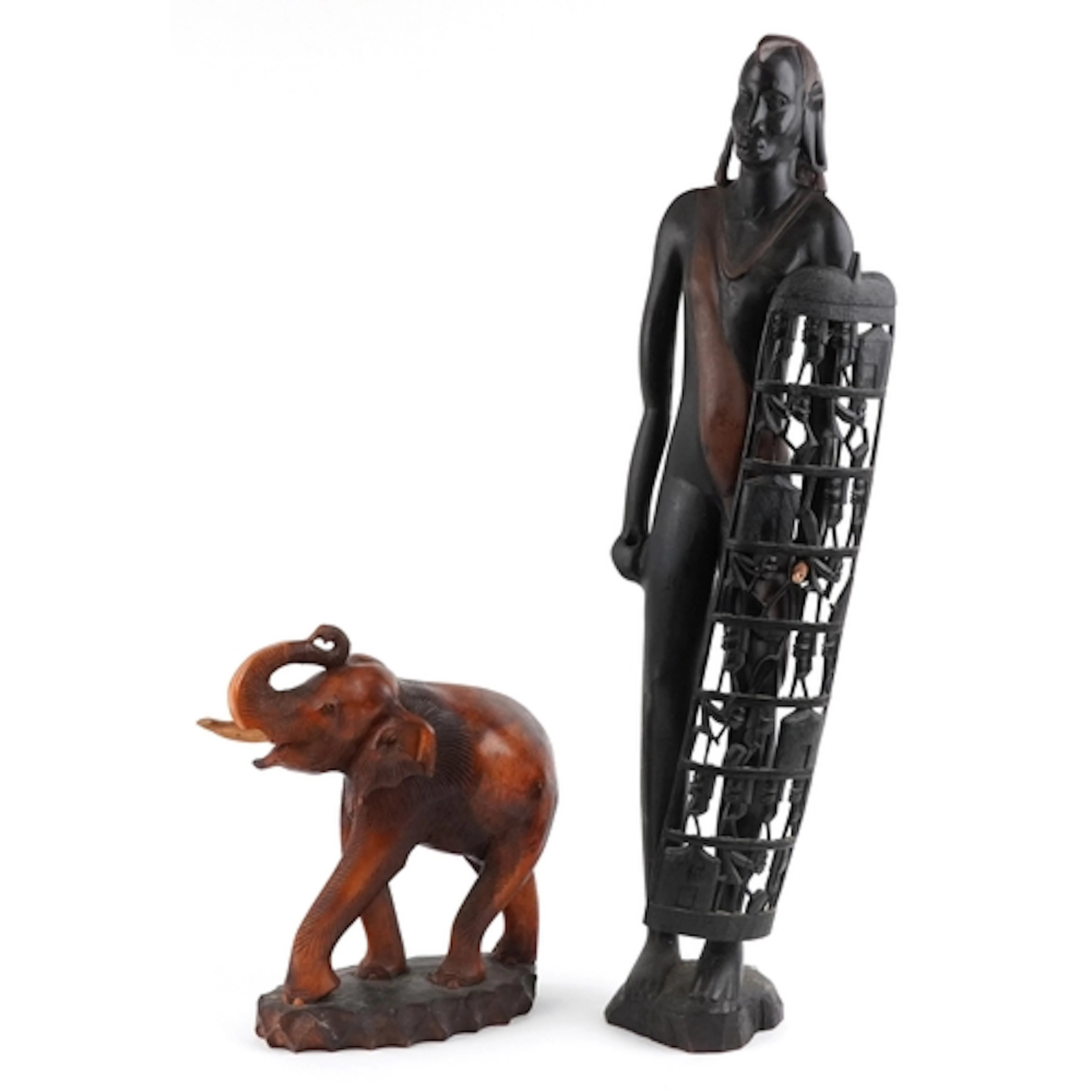 Two hand carved African figures comprising a tall African ma...